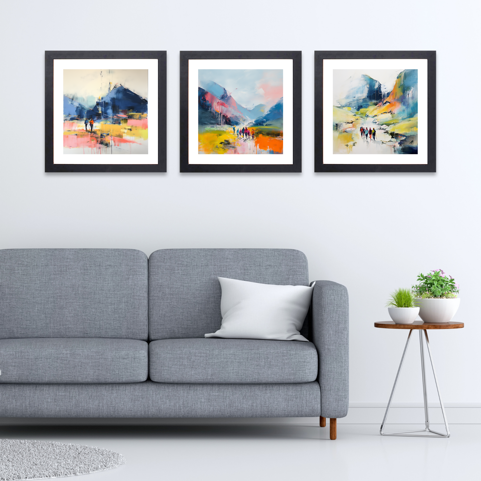 Black frame variant of Group of hikers at trail start in Glencoe