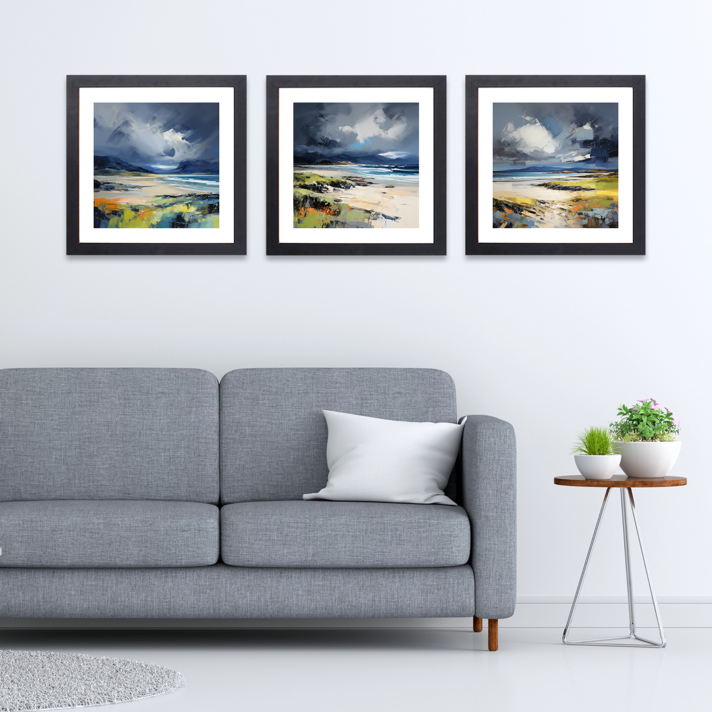 Black frame variant of Scarista Beach with a stormy sky