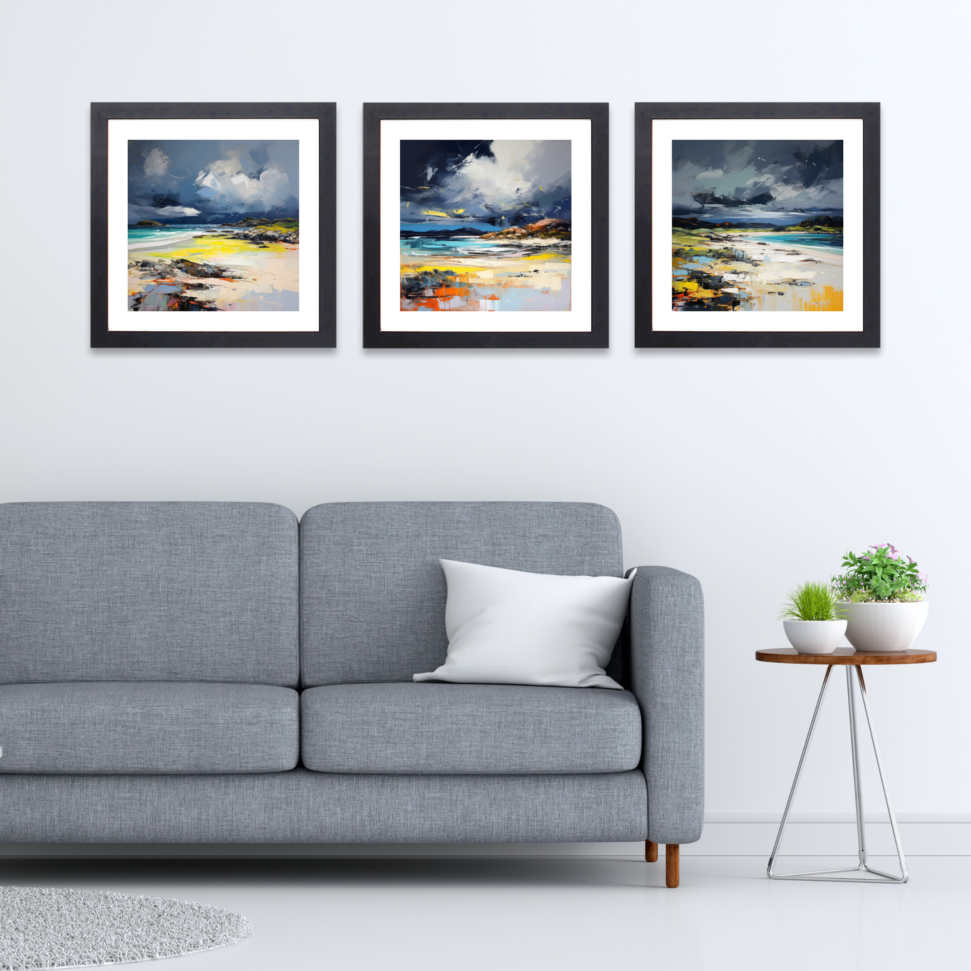 Black frame variant of Arisaig Beach with a stormy sky