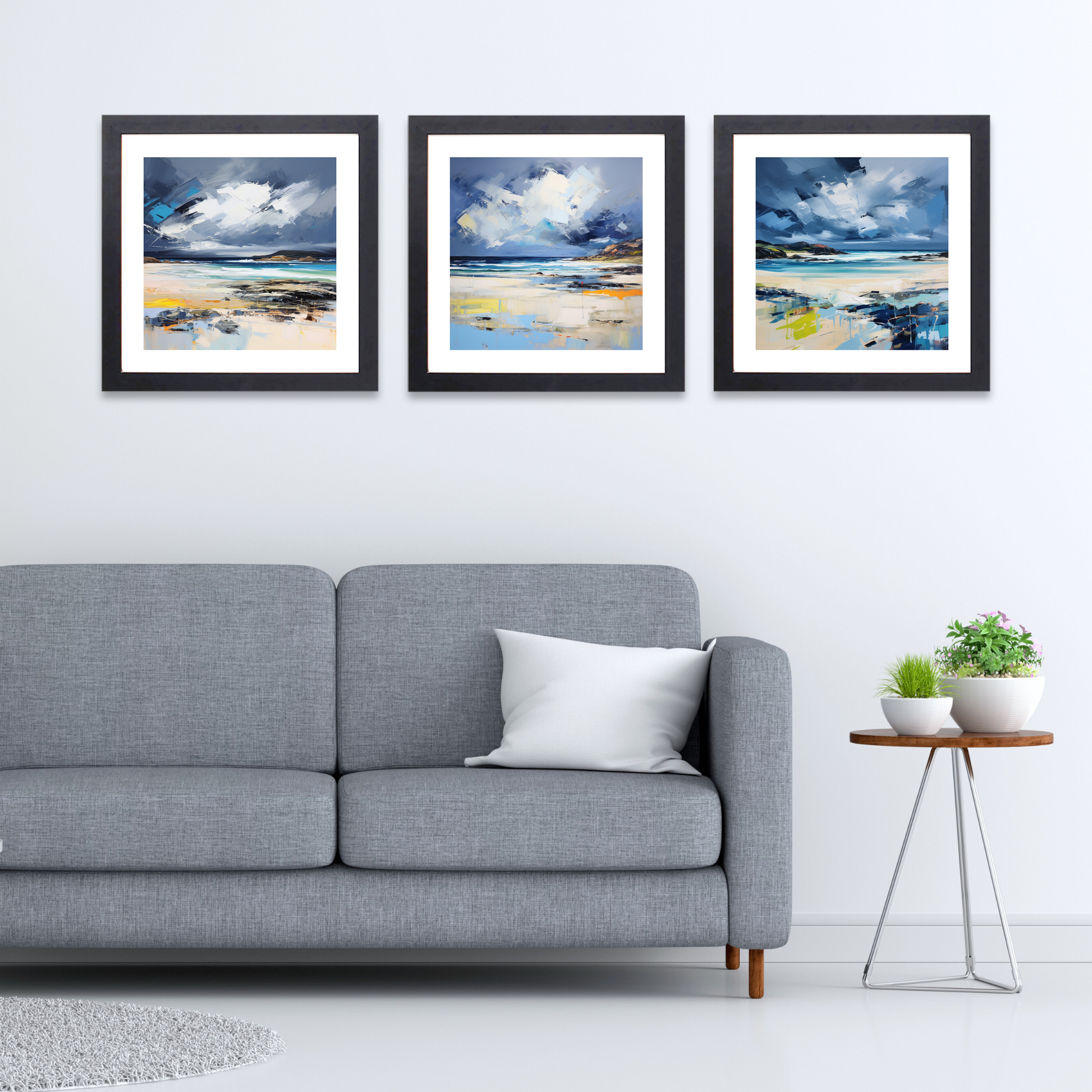 Black frame variant of Scarista Beach with a stormy sky