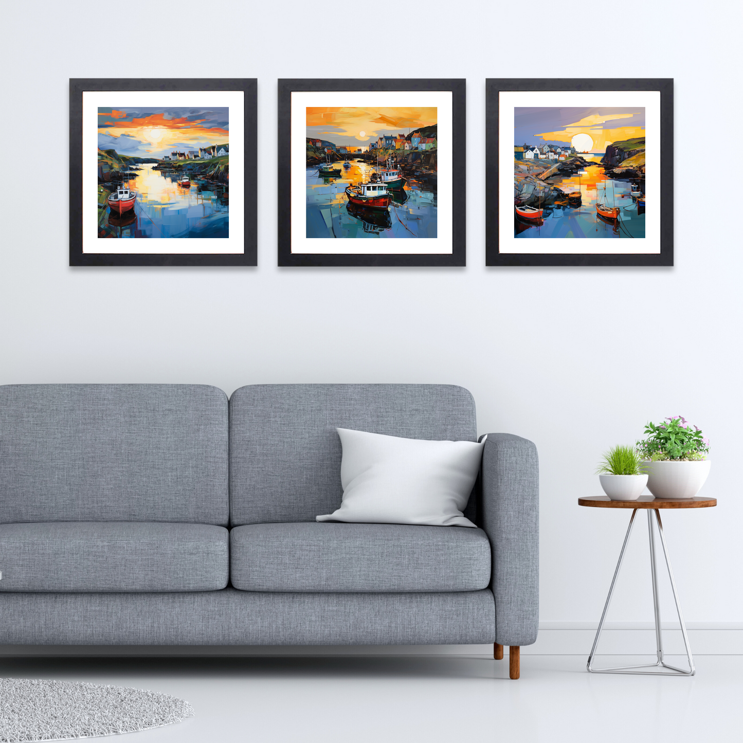 Black frame variant of Portnahaven Harbour at dusk