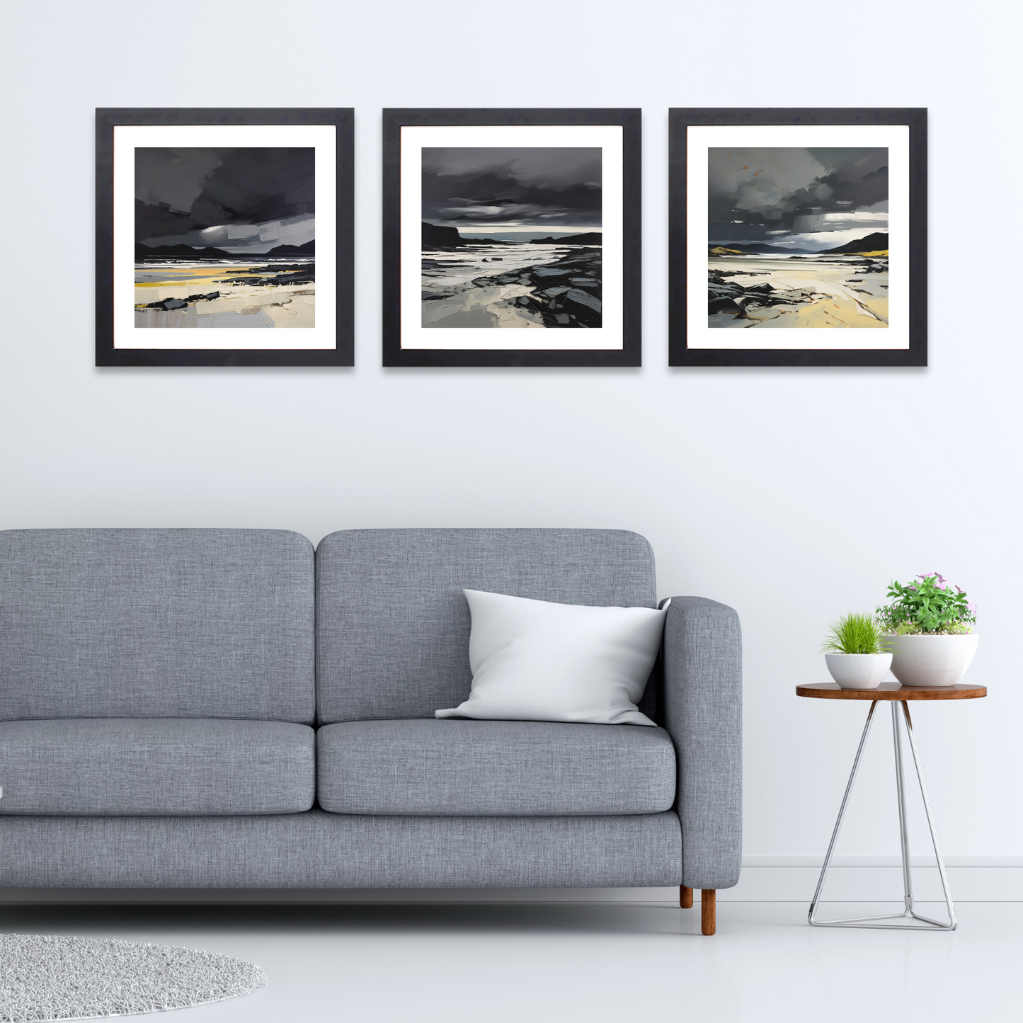 Black frame variant of Scarista Beach with a stormy sky