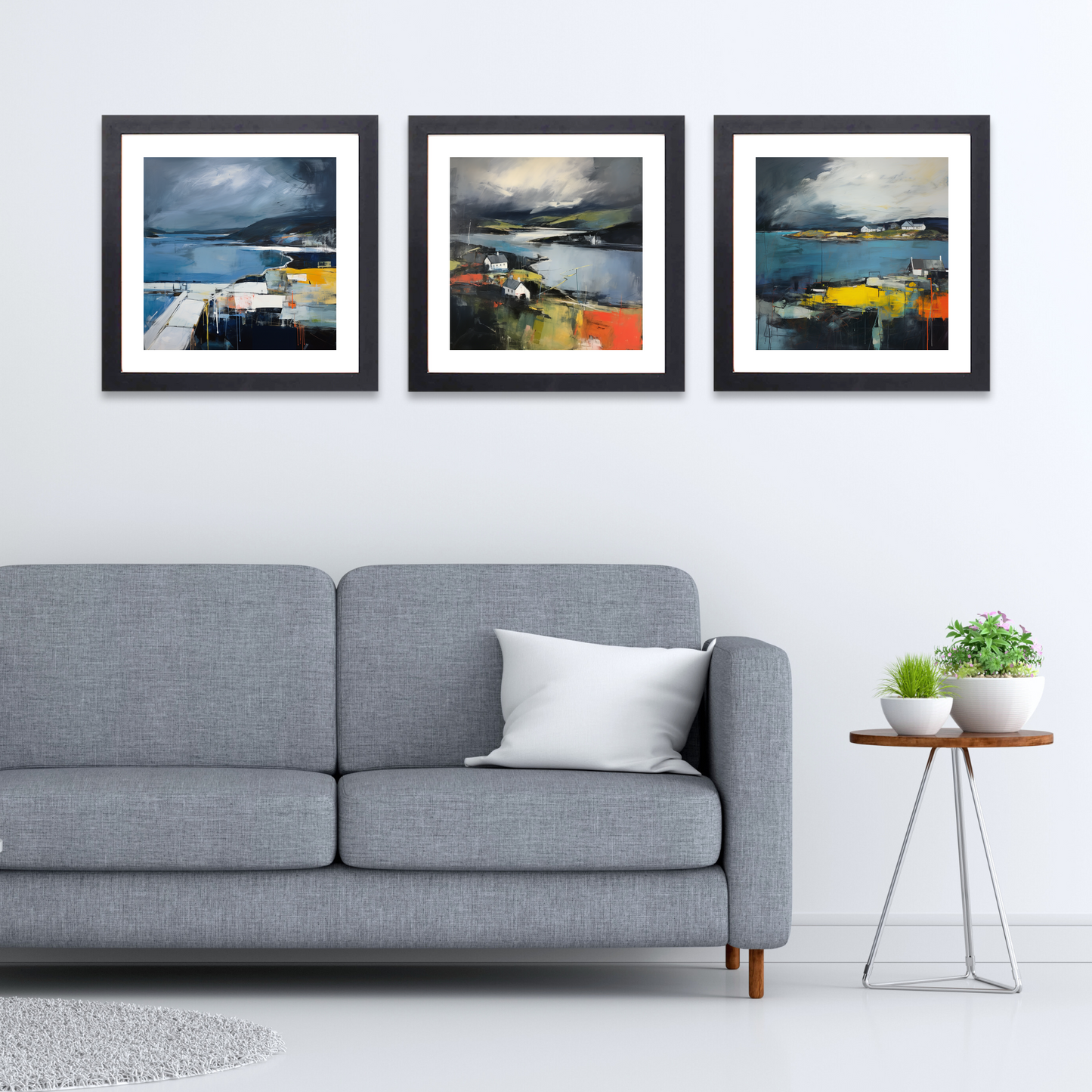 Black frame variant of Gairloch Harbour with a stormy sky