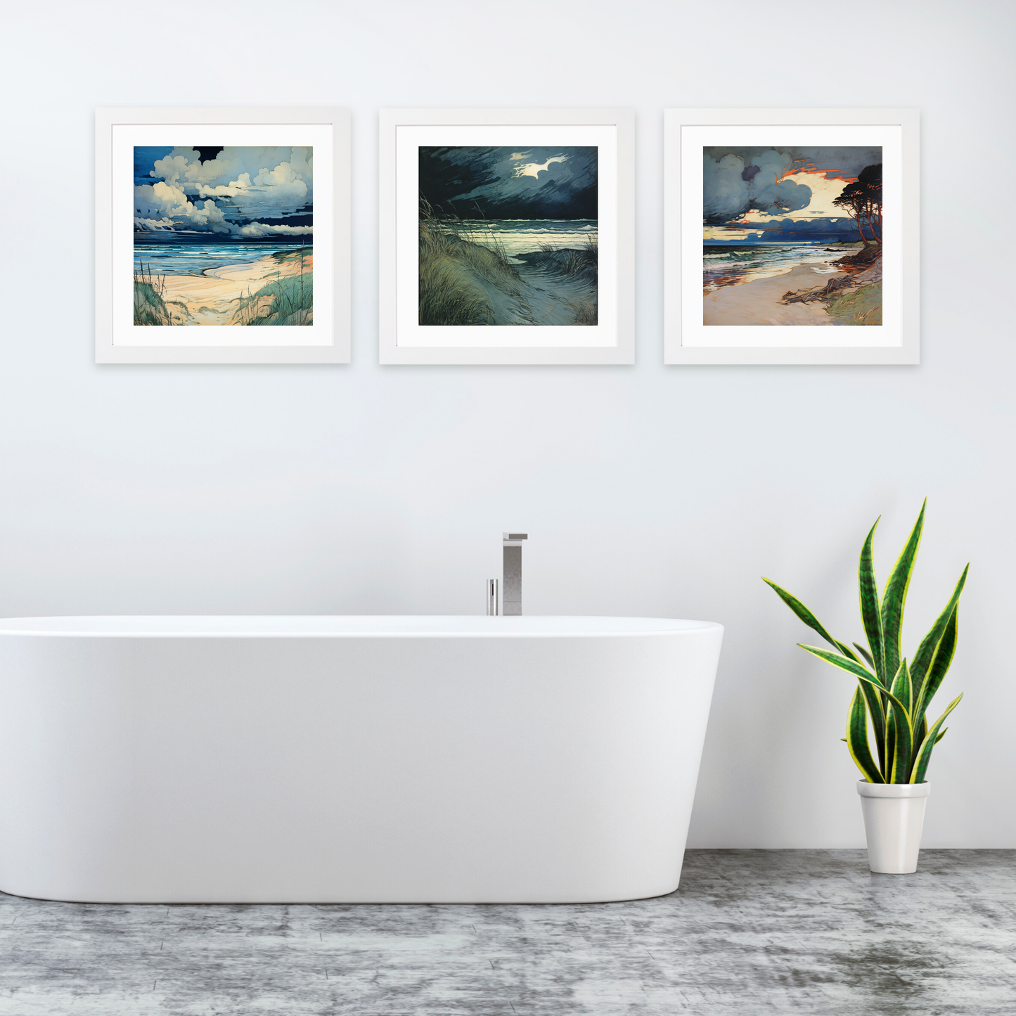 White frame variant of Nairn Beach with a stormy sky