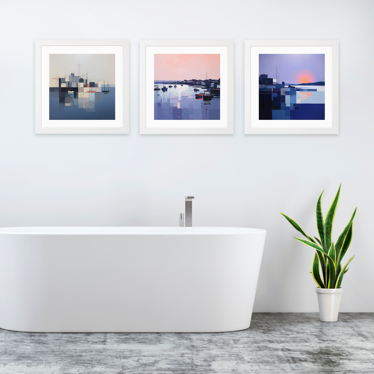 White frame variant of Portmahomack Harbour at dusk