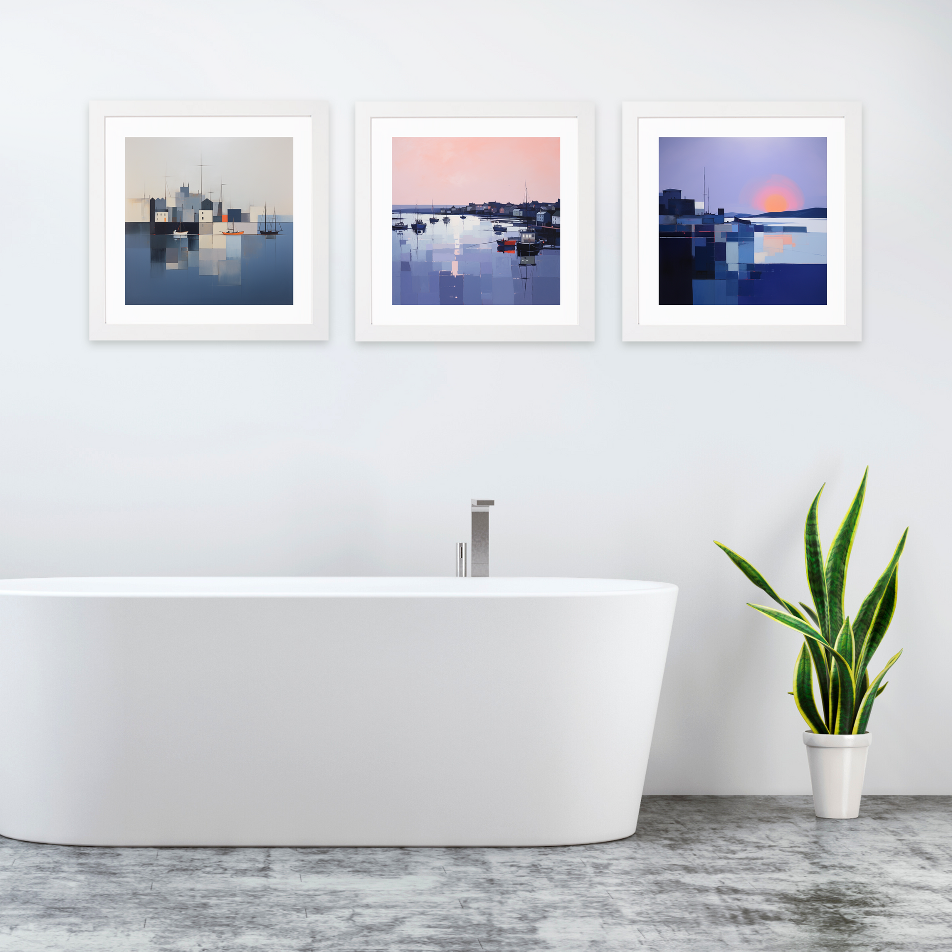 White frame variant of Portmahomack Harbour at dusk