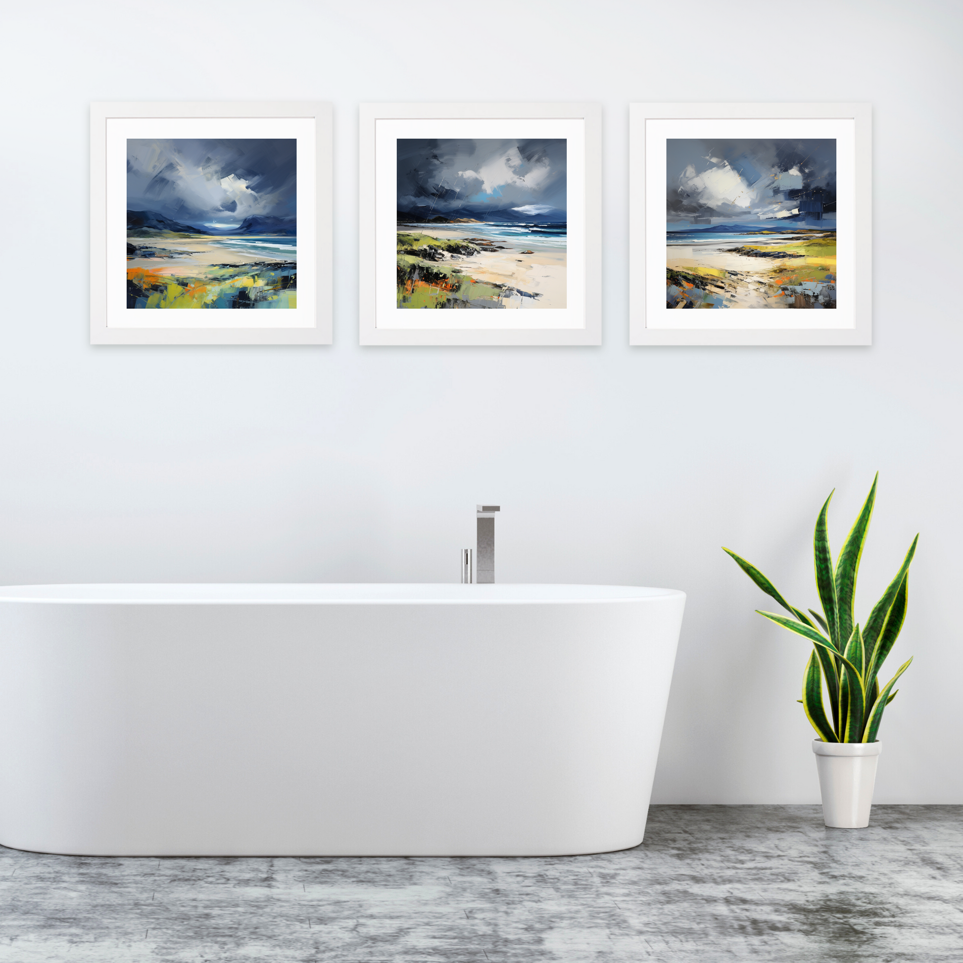 White frame variant of Scarista Beach with a stormy sky