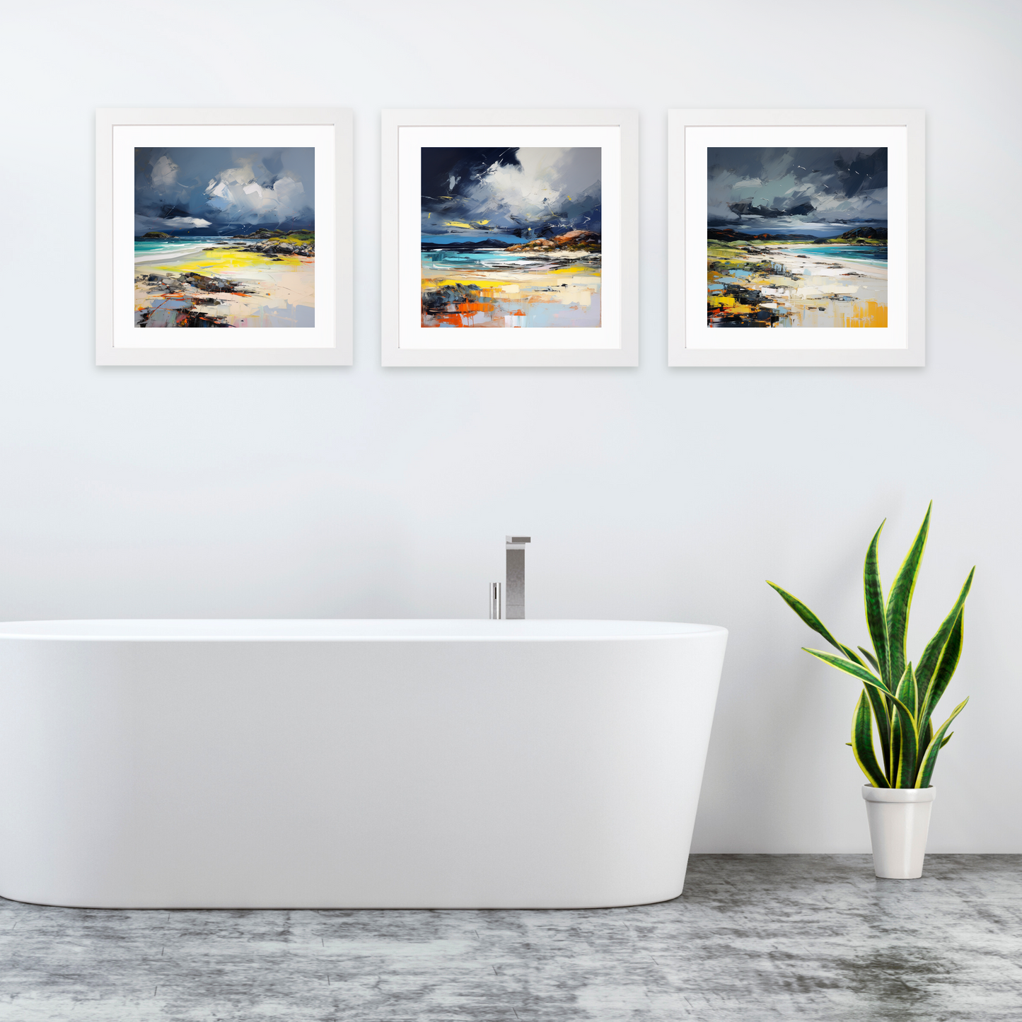 White frame variant of Arisaig Beach with a stormy sky