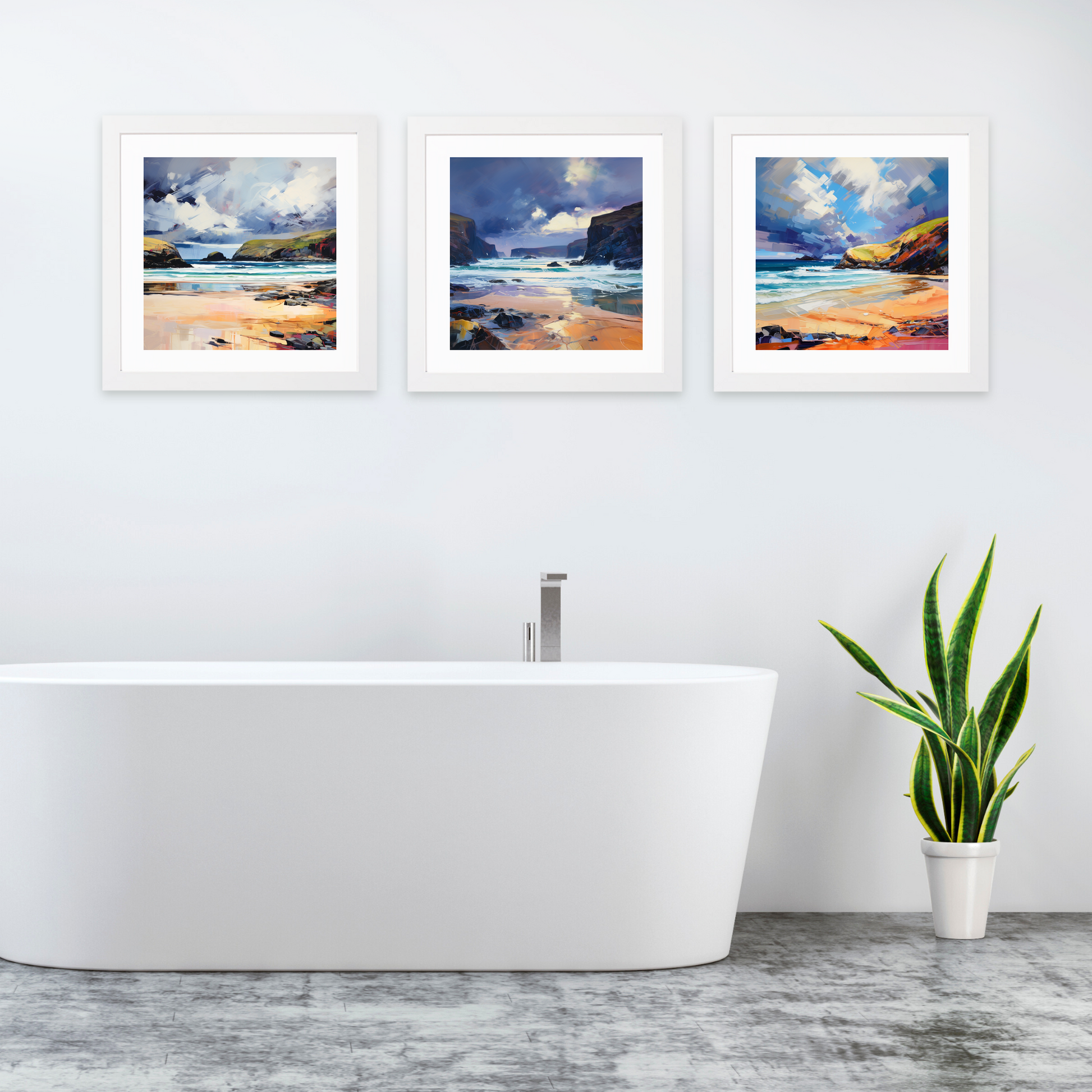 White frame variant of Sandwood Bay with a stormy sky