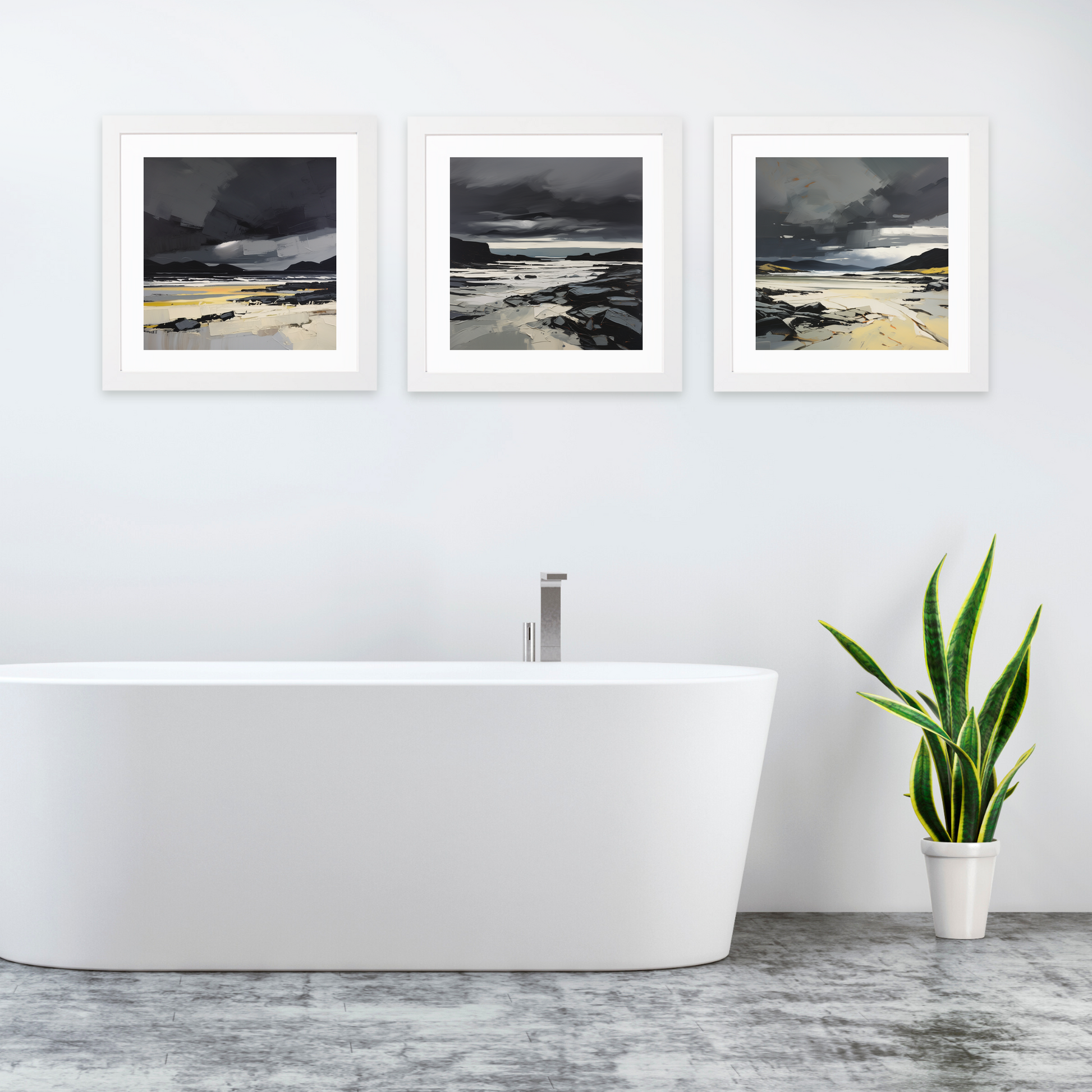 White frame variant of Scarista Beach with a stormy sky