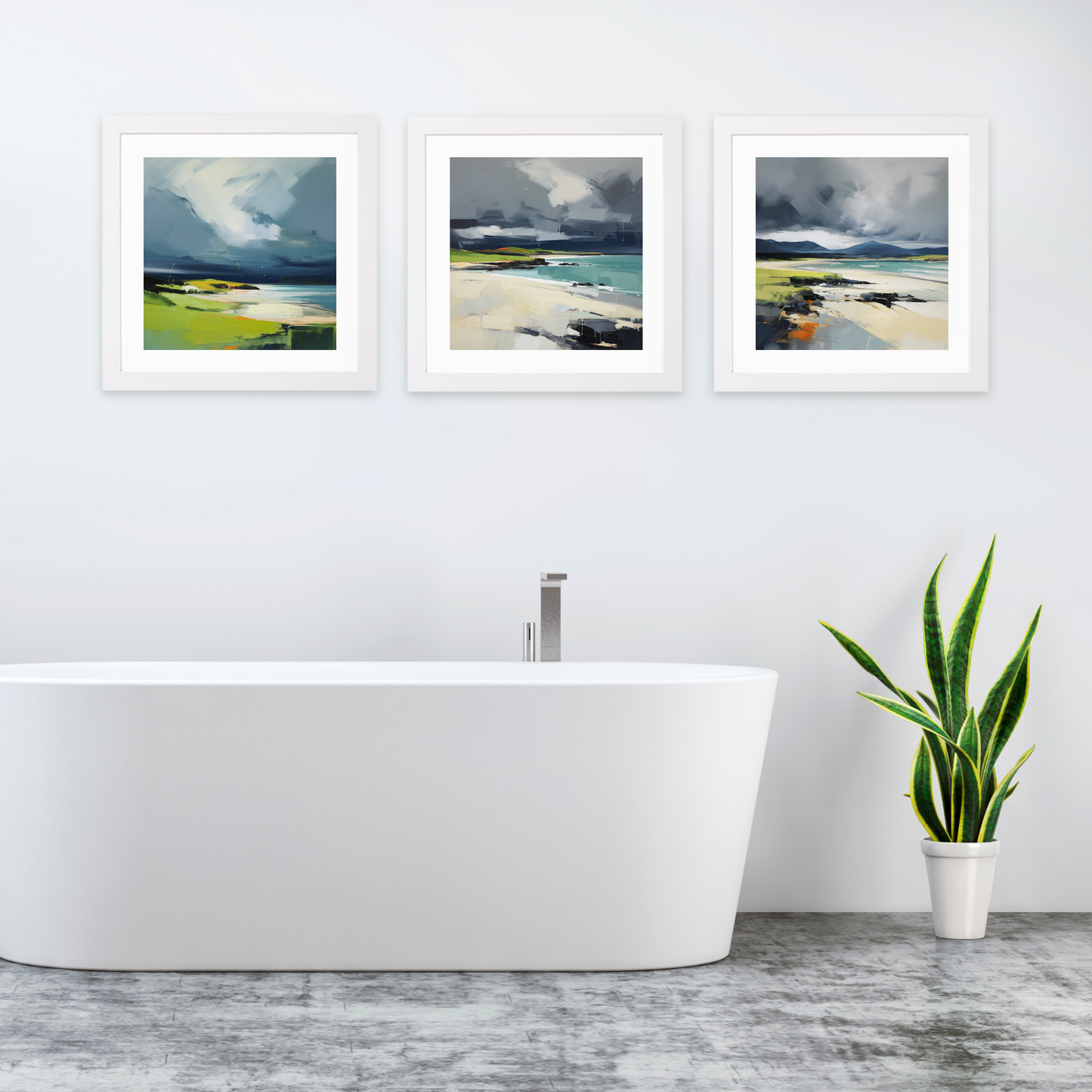 White frame variant of Kiloran Bay with a stormy sky