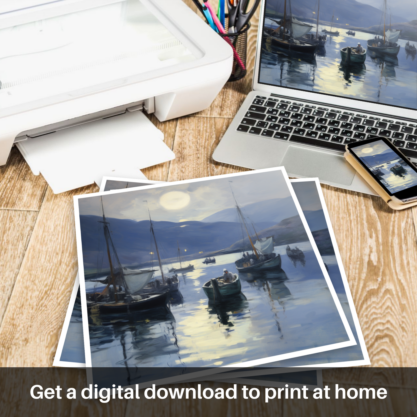 Moonlit Serenity: Ullapool Harbour in Impressionist Hues