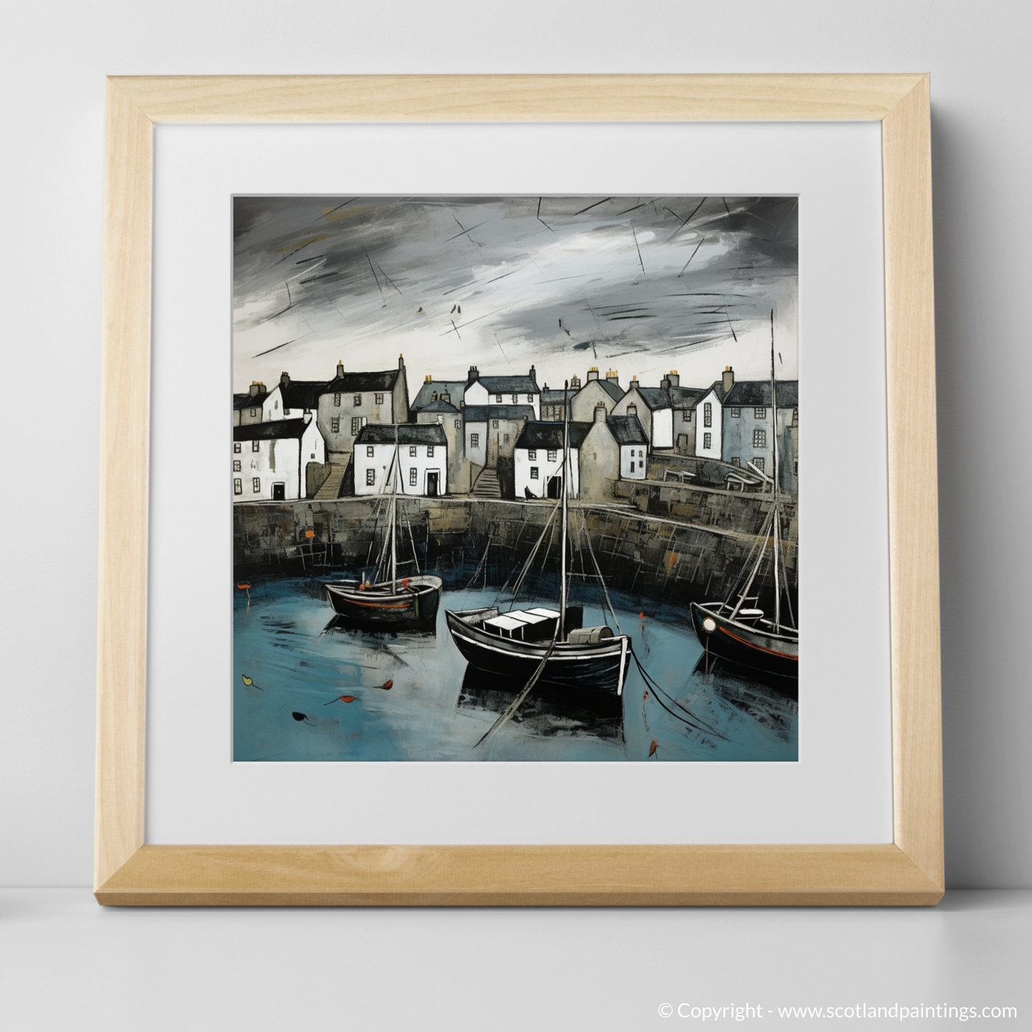 Painting and Art Print of Portsoy Harbour with a stormy sky. Stormy Skies Over Portsoy Harbour.