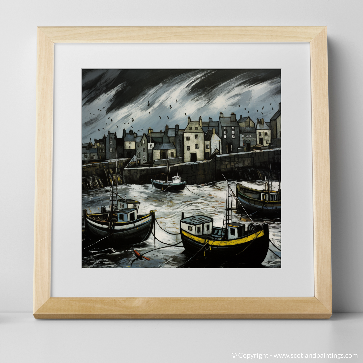 Painting and Art Print of Portsoy Harbour with a stormy sky. Stormy Serenade at Portsoy Harbour.