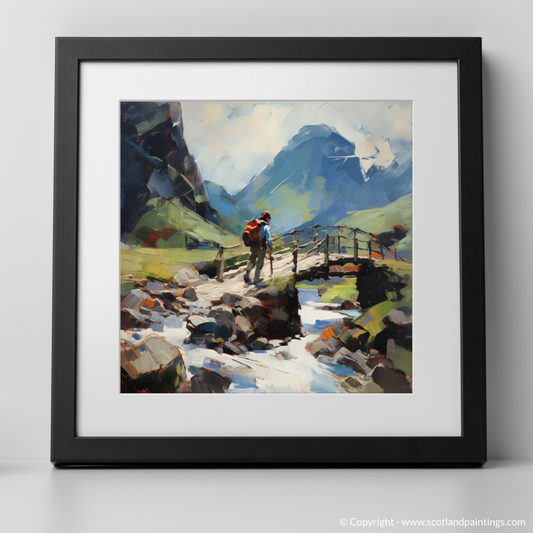 Art Print of Backpacker crossing rustic bridge in Glencoe with a black frame