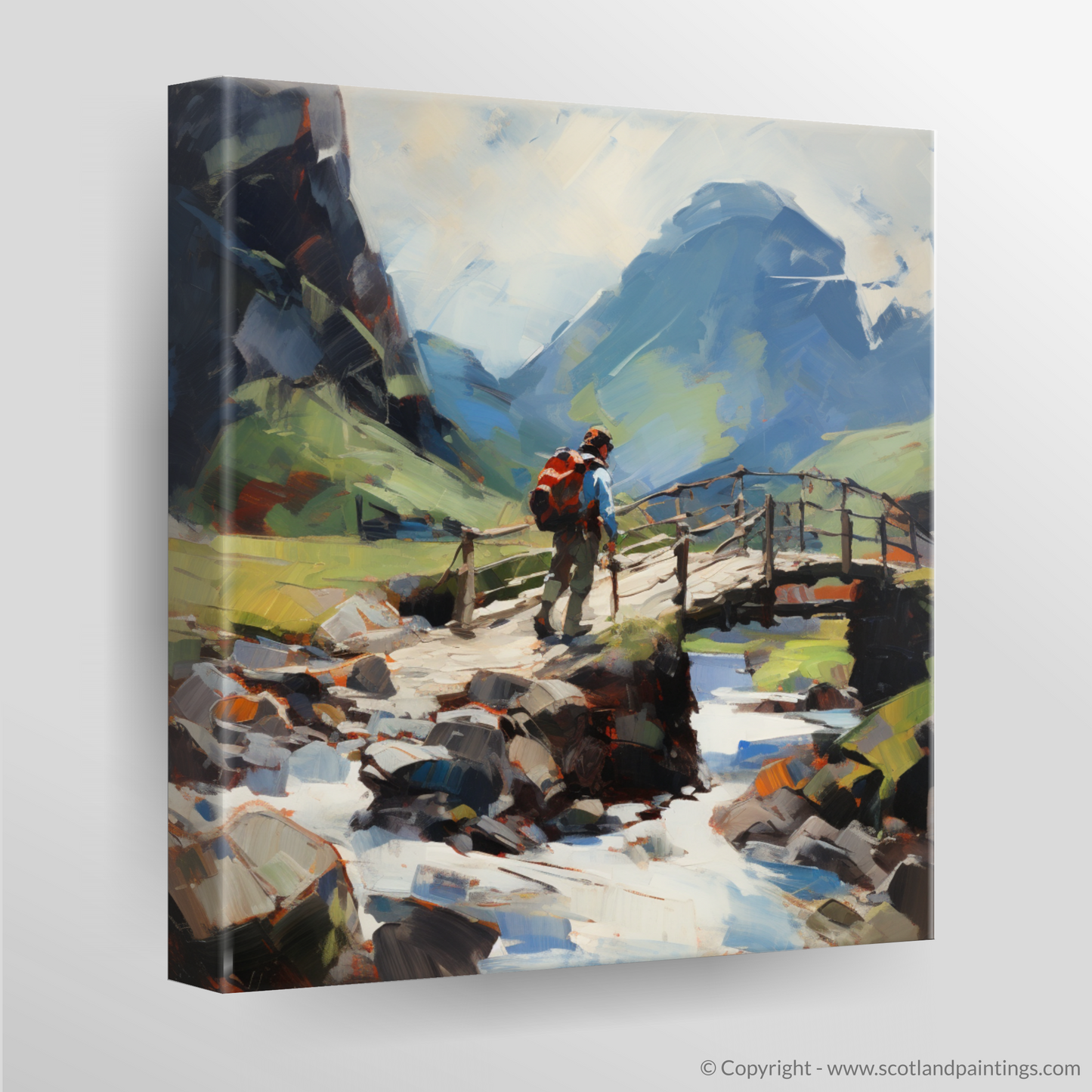 Canvas Print of Backpacker crossing rustic bridge in Glencoe