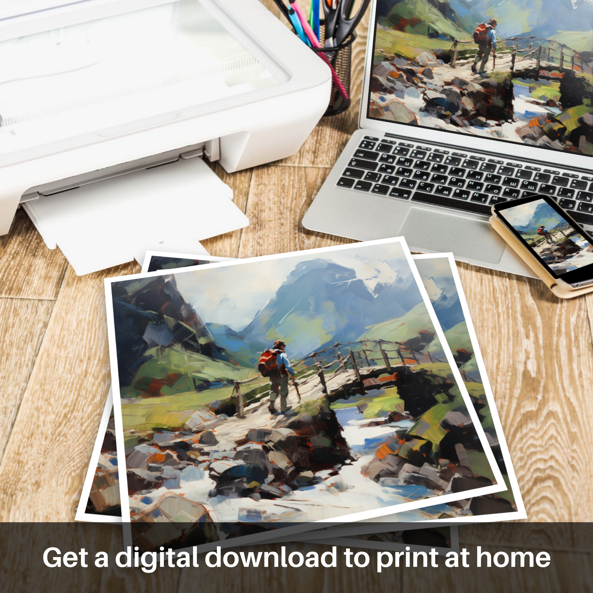 Downloadable and printable picture of Backpacker crossing rustic bridge in Glencoe
