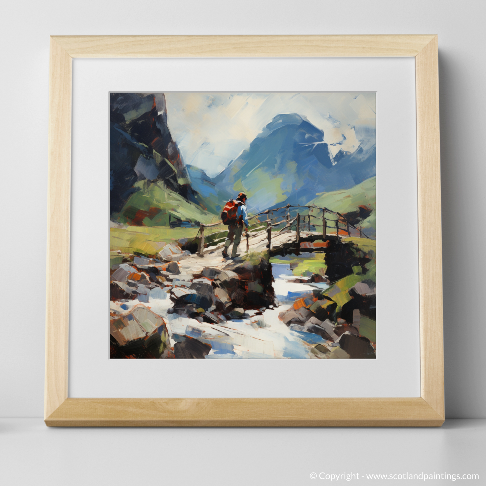 Art Print of Backpacker crossing rustic bridge in Glencoe with a natural frame
