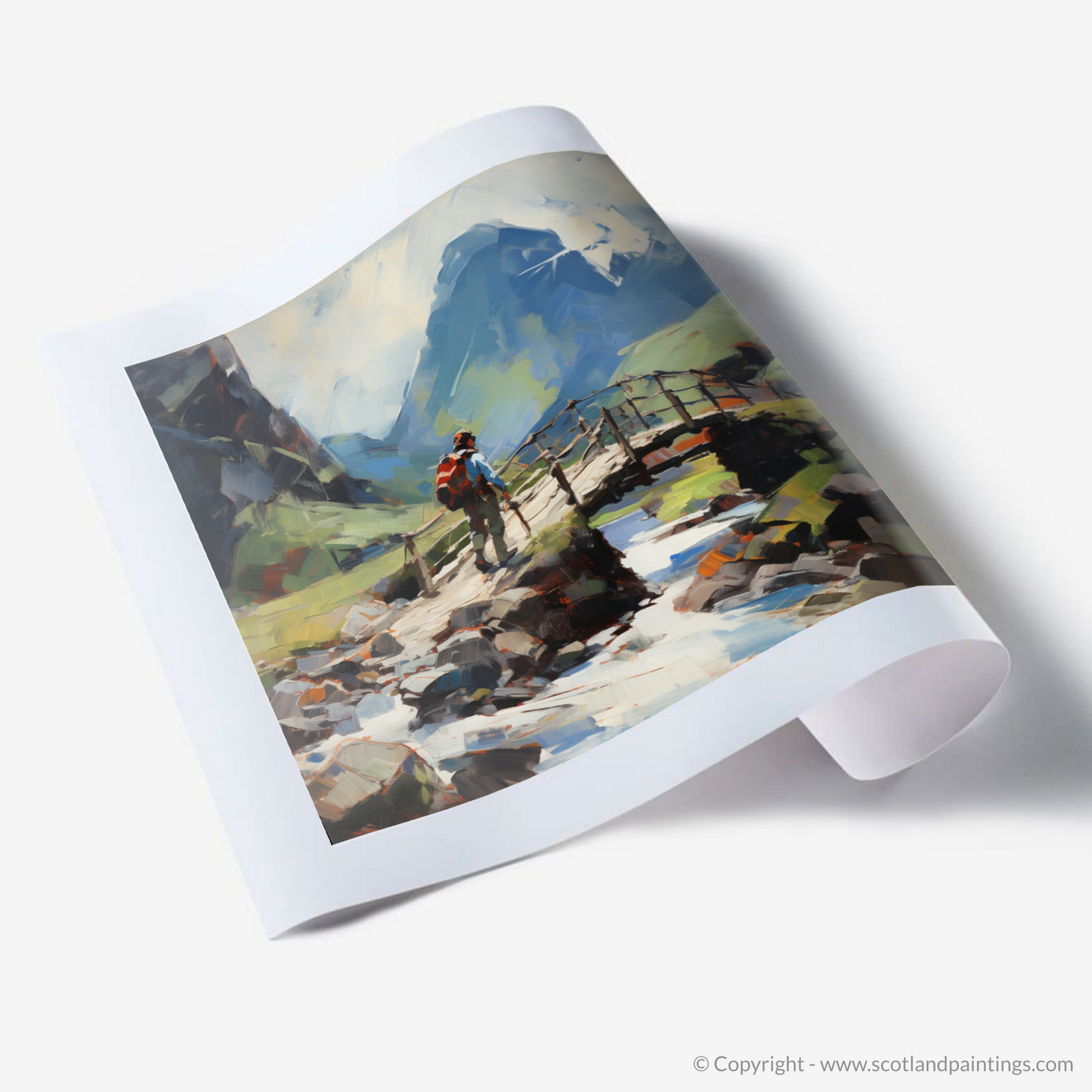 Art Print of Backpacker crossing rustic bridge in Glencoe