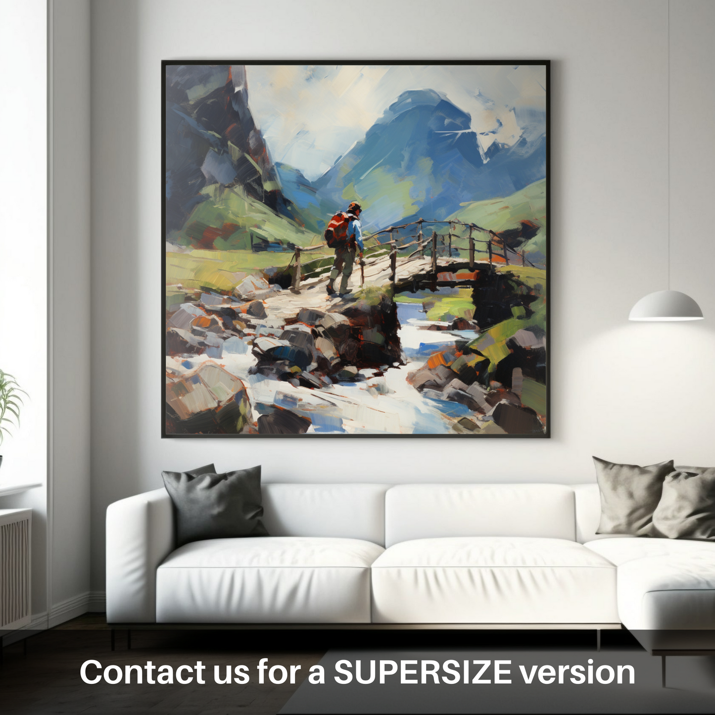 Huge supersize print of Backpacker crossing rustic bridge in Glencoe