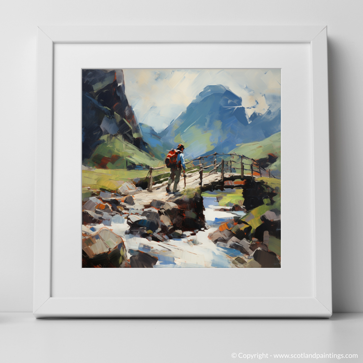 Art Print of Backpacker crossing rustic bridge in Glencoe with a white frame