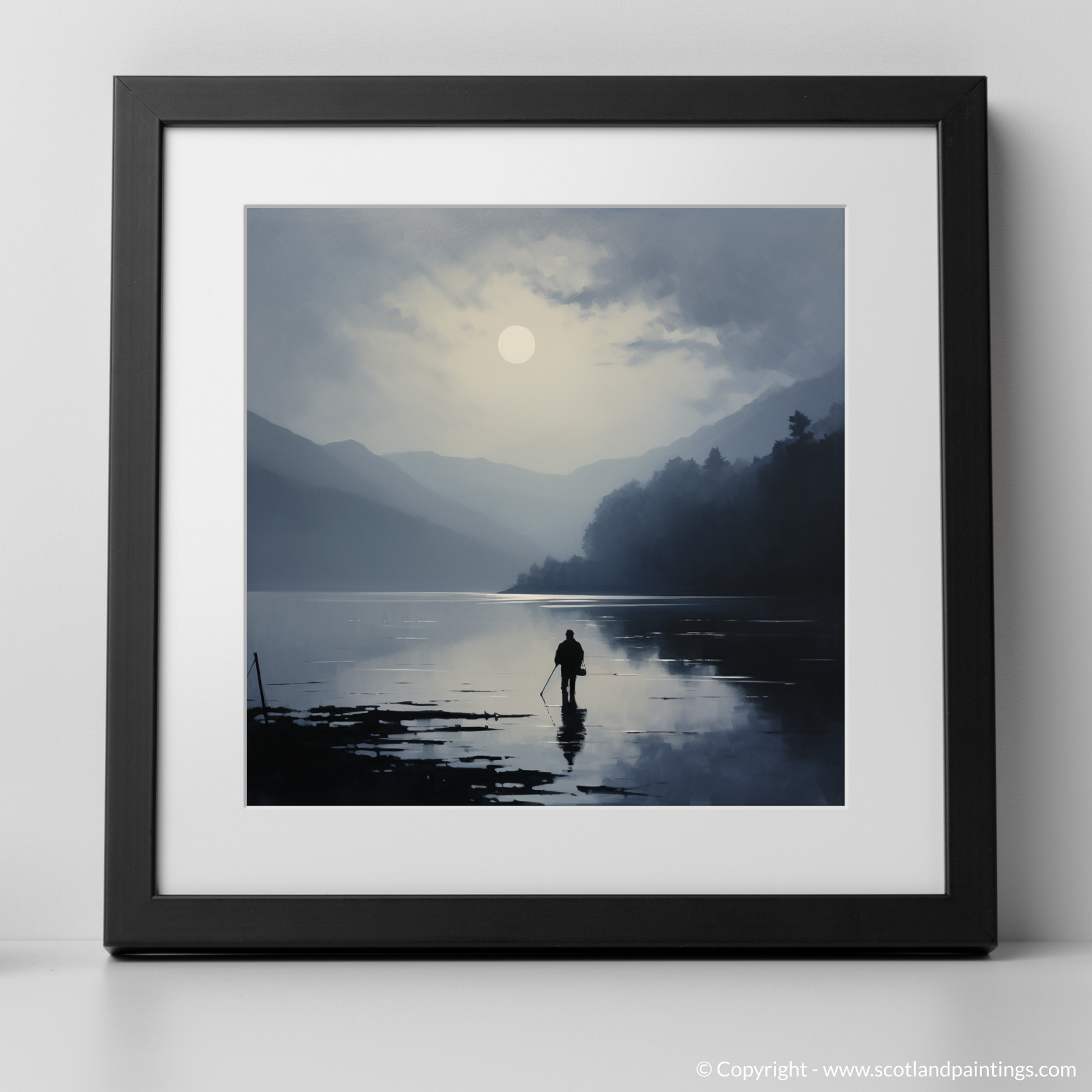 Art Print of Silhouetted fisherman on Loch Lomond with a black frame