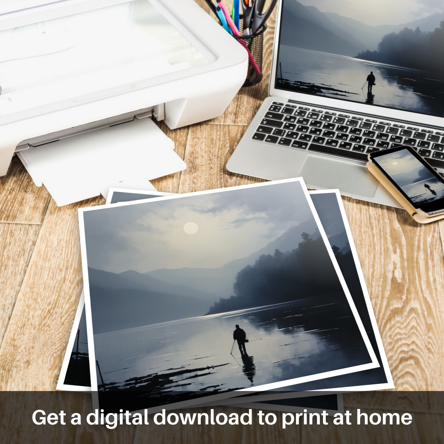 Downloadable and printable picture of Silhouetted fisherman on Loch Lomond