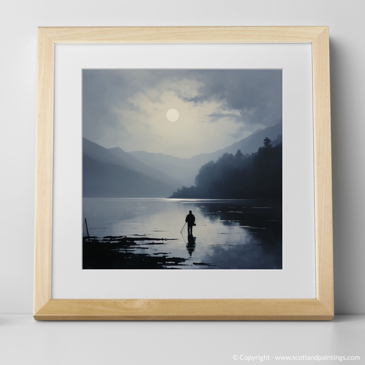 Art Print of Silhouetted fisherman on Loch Lomond with a natural frame
