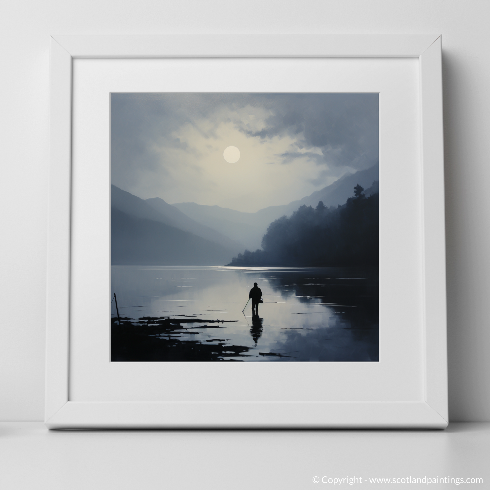 Art Print of Silhouetted fisherman on Loch Lomond with a white frame
