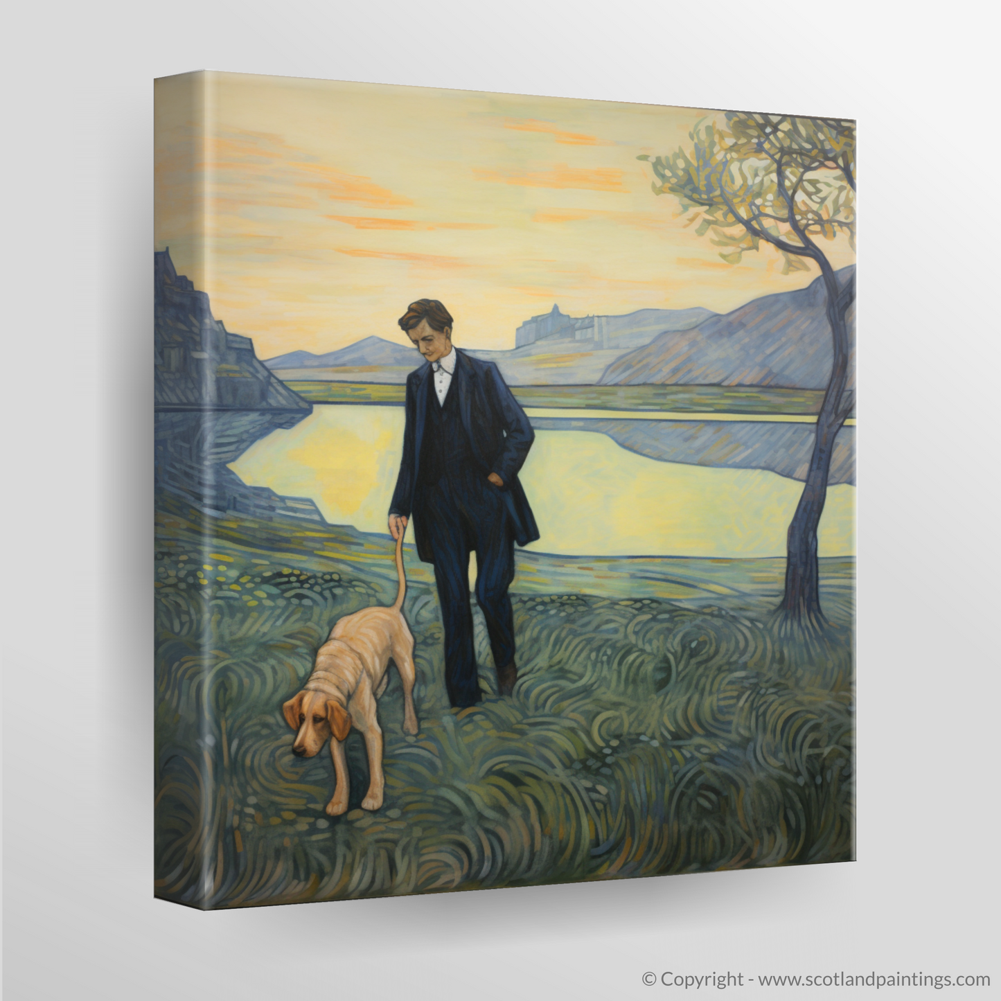 Canvas Print of A man walking dog at the side of Loch Lomond