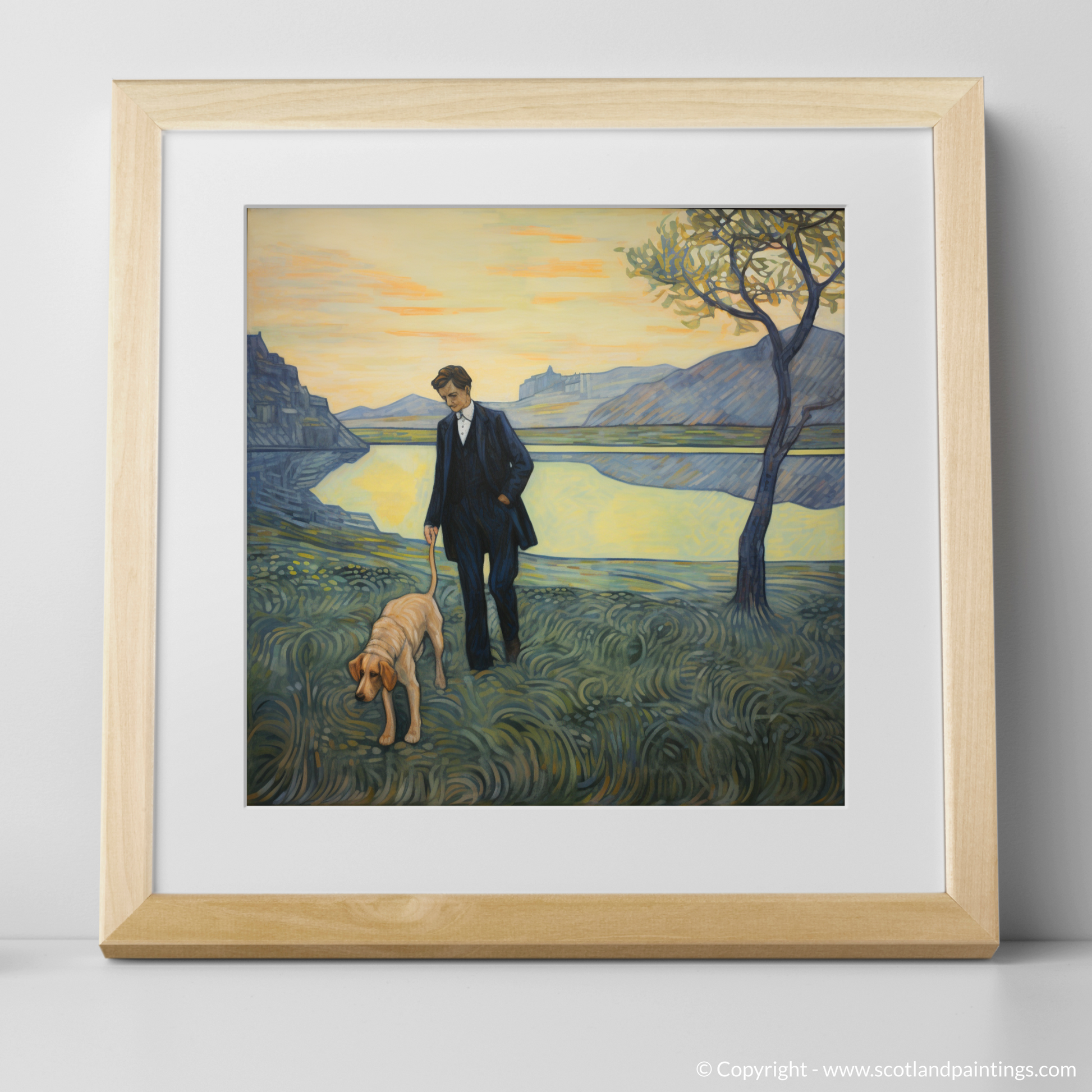 Art Print of A man walking dog at the side of Loch Lomond with a natural frame