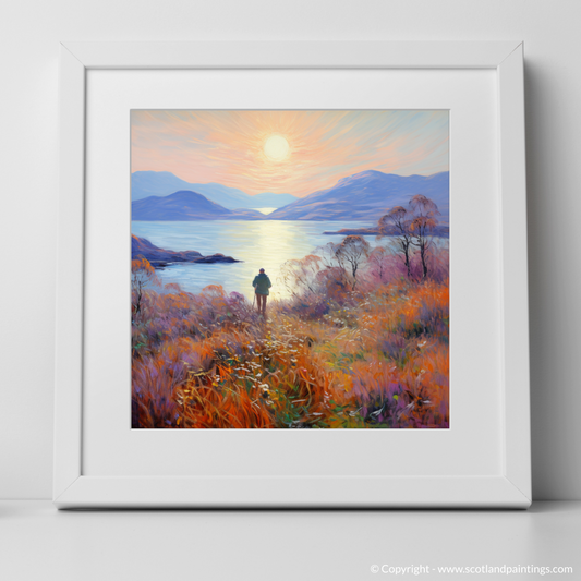 Art Print of Two hikers looking out on Loch Lomond with a white frame