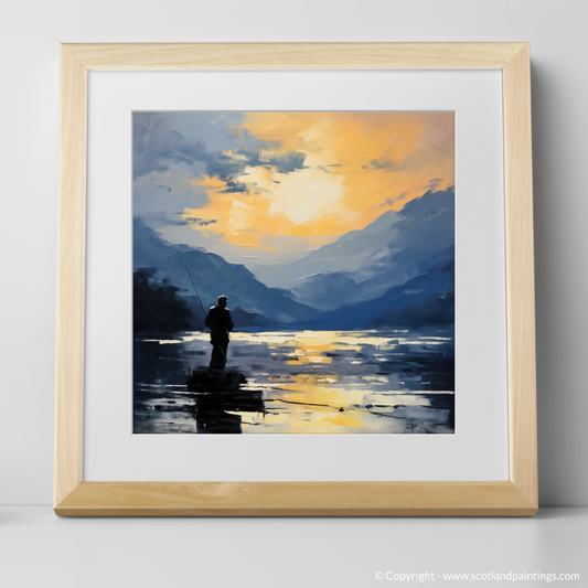 Art Print of Silhouetted fisherman on Loch Lomond with a natural frame