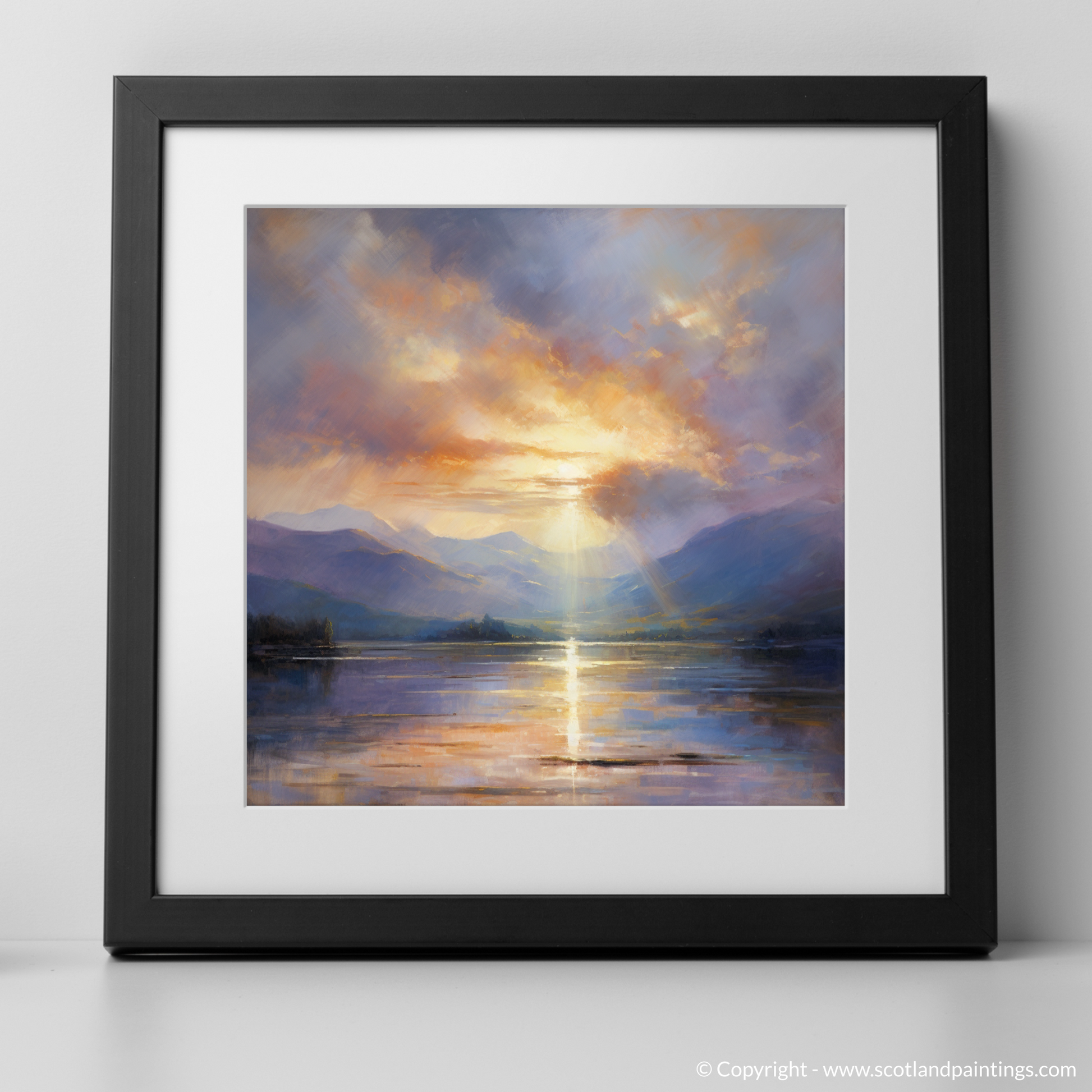 Art Print of Crepuscular rays above Loch Lomond with a black frame