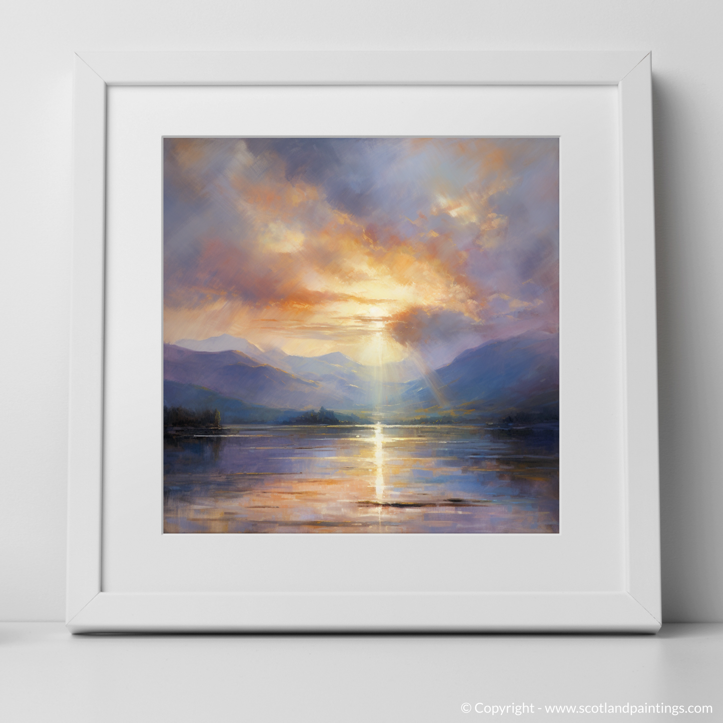 Art Print of Crepuscular rays above Loch Lomond with a white frame