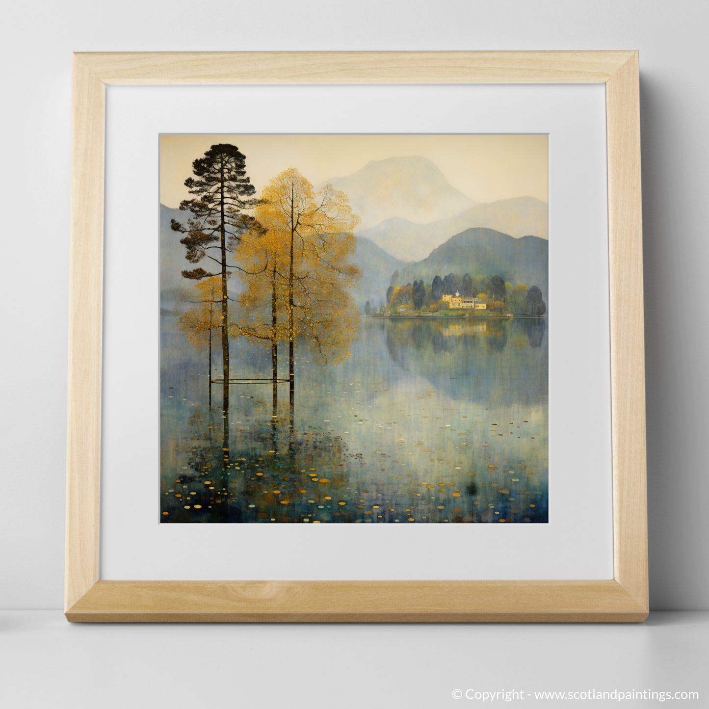 Art Print of Misty morning on Loch Lomond with a natural frame
