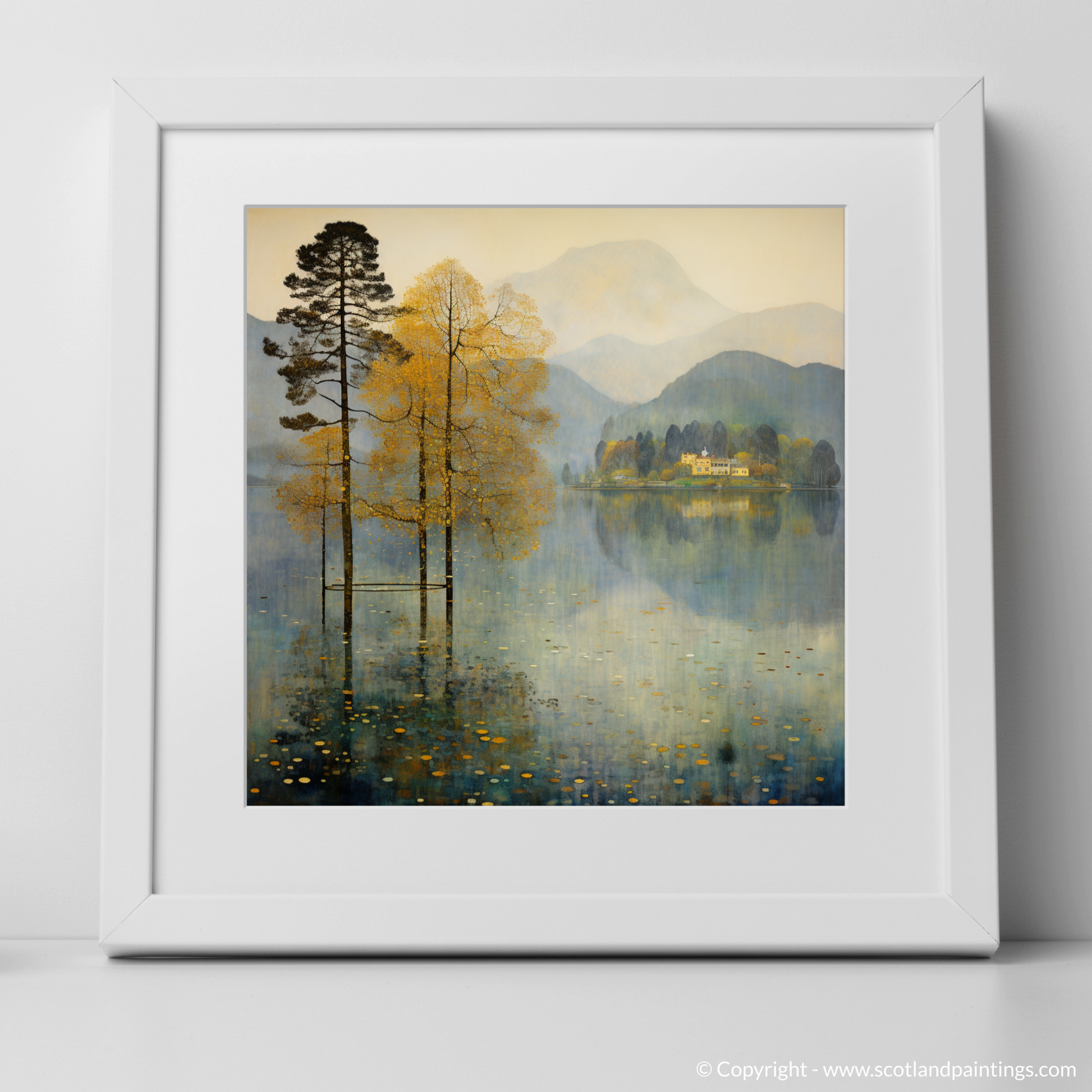 Art Print of Misty morning on Loch Lomond with a white frame