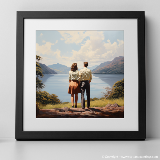 Art Print of A couple holding hands looking out on Loch Lomond with a black frame