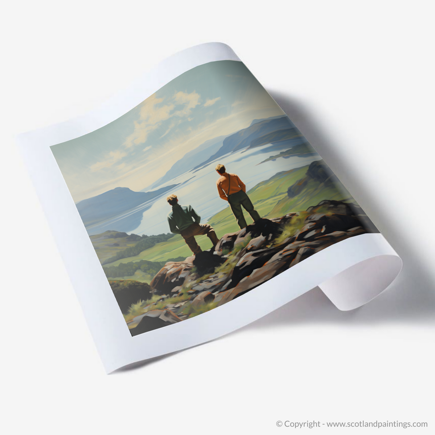 Art Print of Two hikers looking out on Loch Lomond