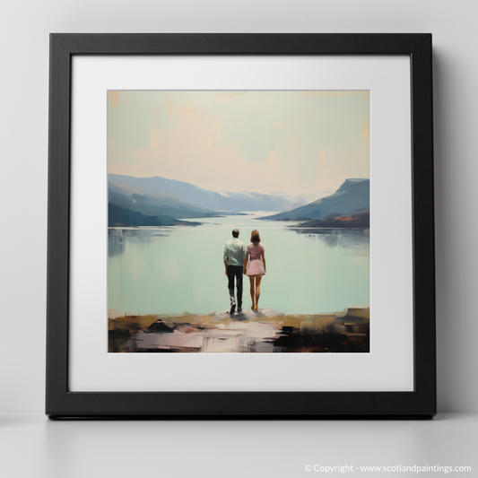 Art Print of A couple holding hands looking out on Loch Lomond with a black frame