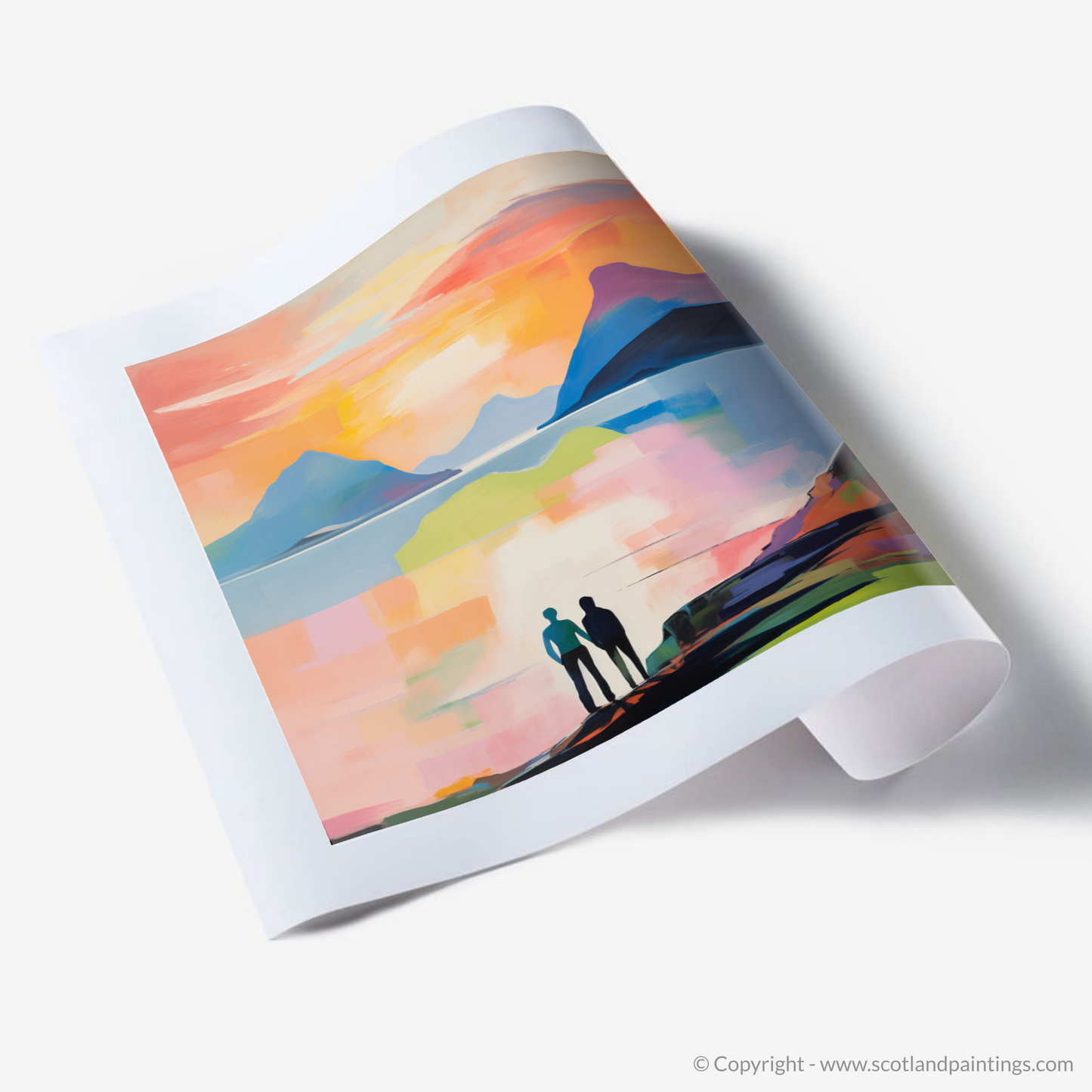 Painting and Art Print of A couple holding hands looking out on Loch Lomond. Embrace at Dusk: A Loch Lomond Reverie.