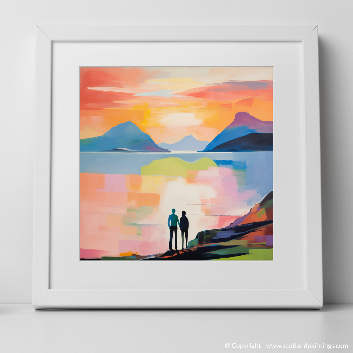 Painting and Art Print of A couple holding hands looking out on Loch Lomond. Embrace at Dusk: A Loch Lomond Reverie.