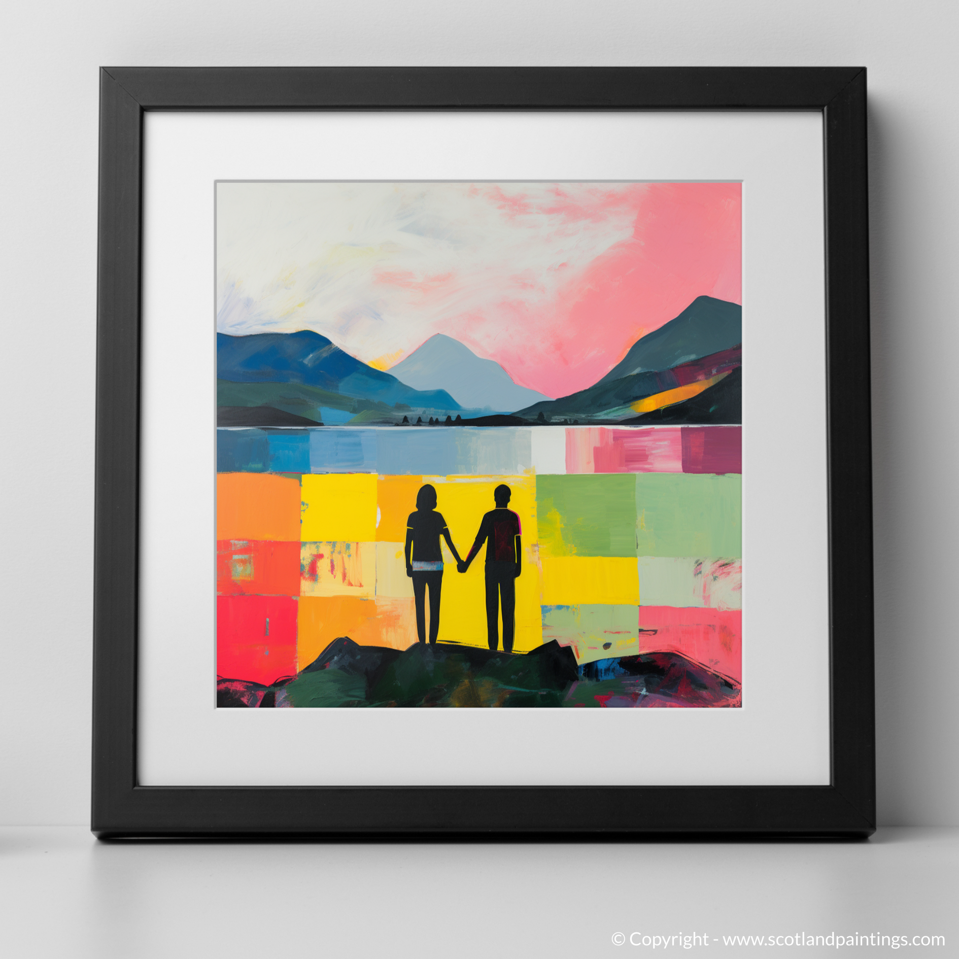 Art Print of A couple holding hands looking out on Loch Lomond with a black frame