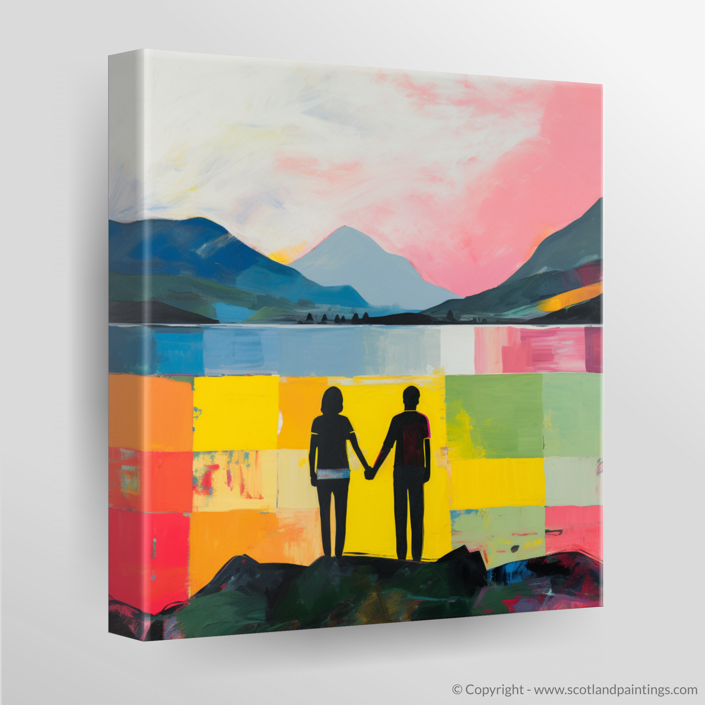 Canvas Print of A couple holding hands looking out on Loch Lomond