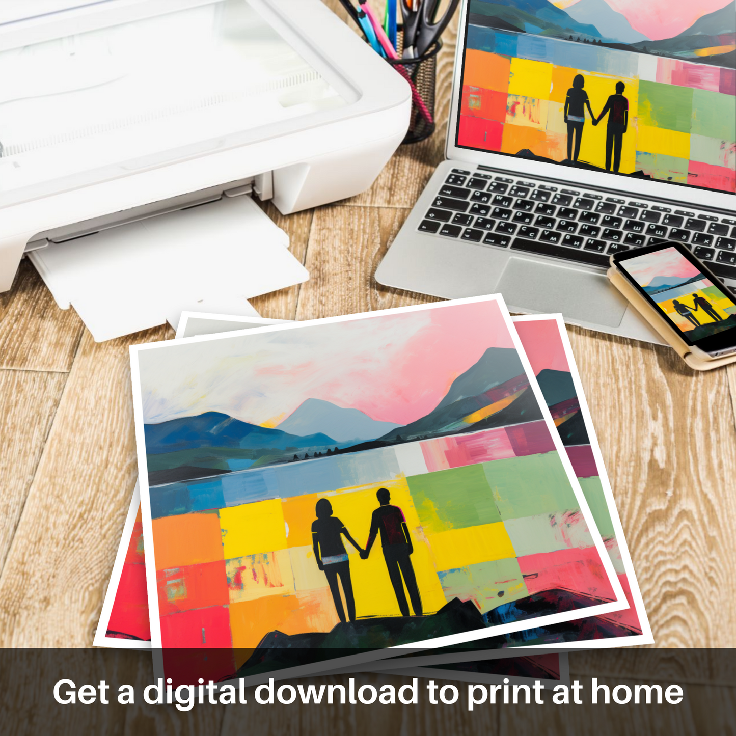 Downloadable and printable picture of A couple holding hands looking out on Loch Lomond