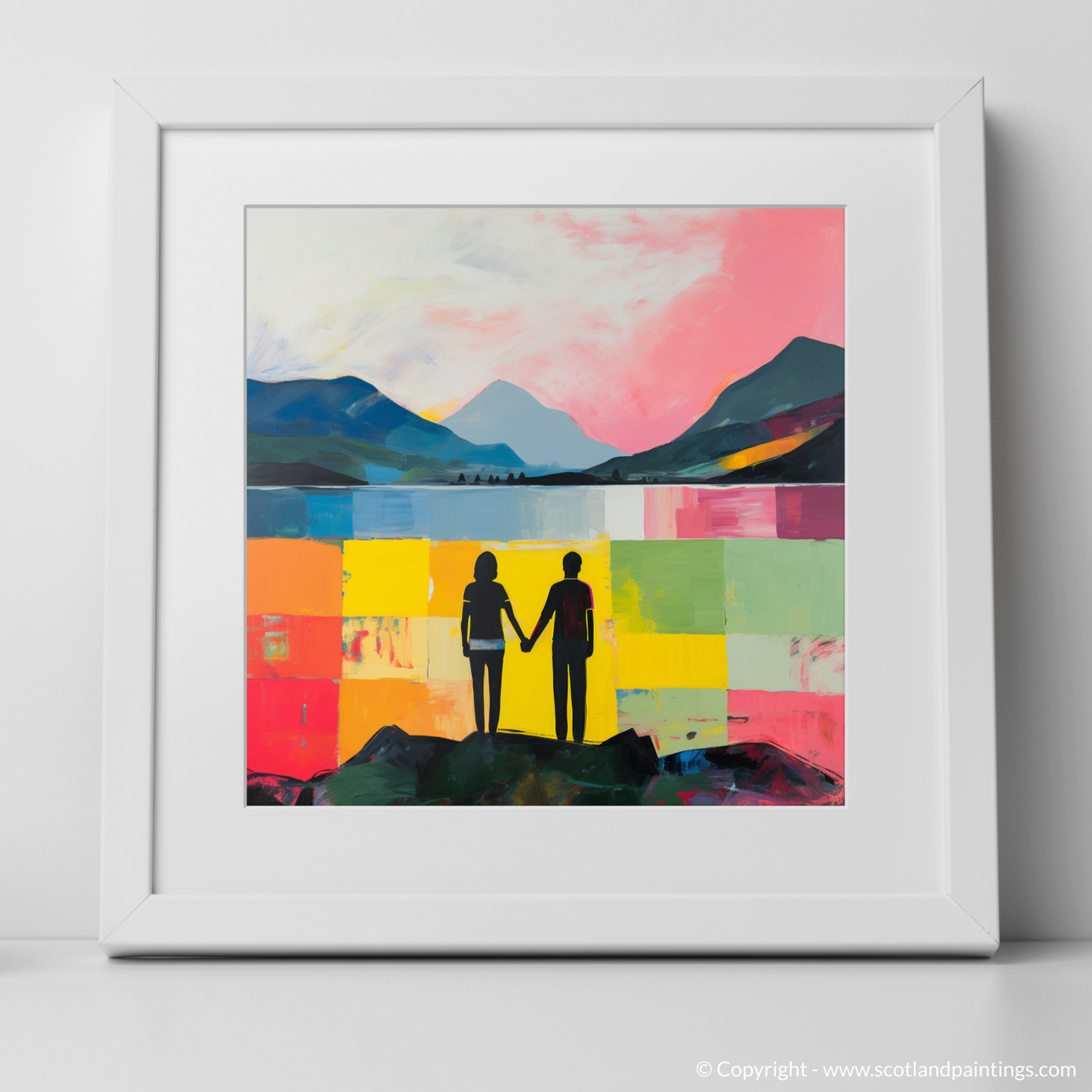 Art Print of A couple holding hands looking out on Loch Lomond with a white frame
