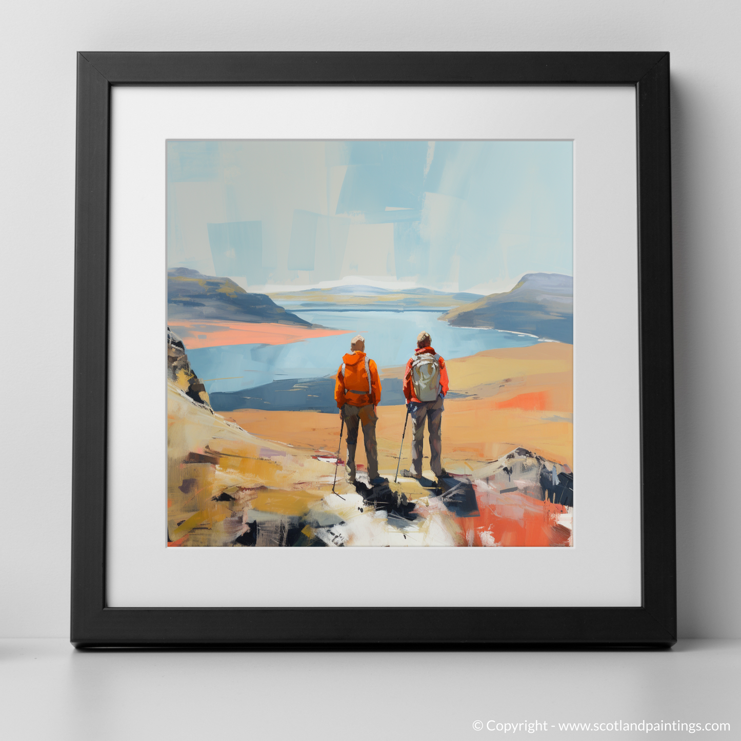Art Print of Two hikers looking out on Loch Lomond with a black frame