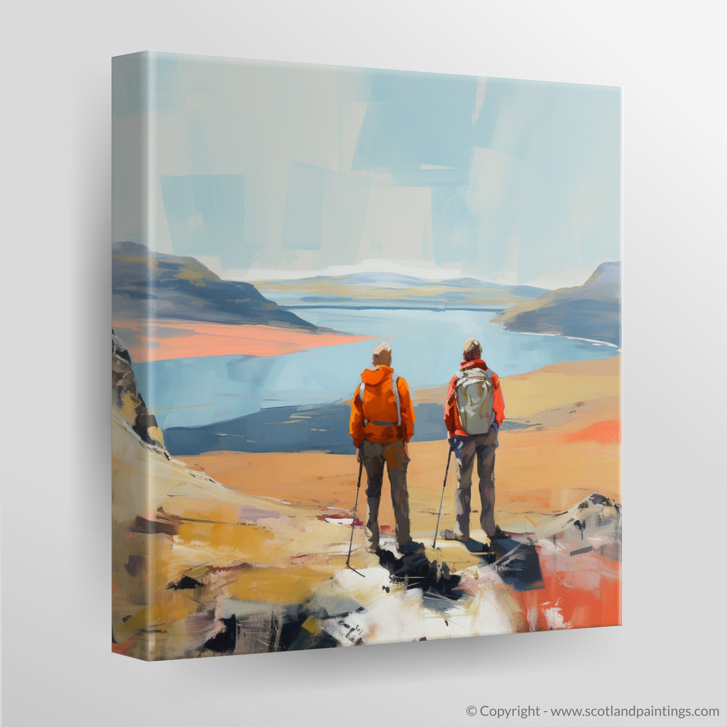 Canvas Print of Two hikers looking out on Loch Lomond
