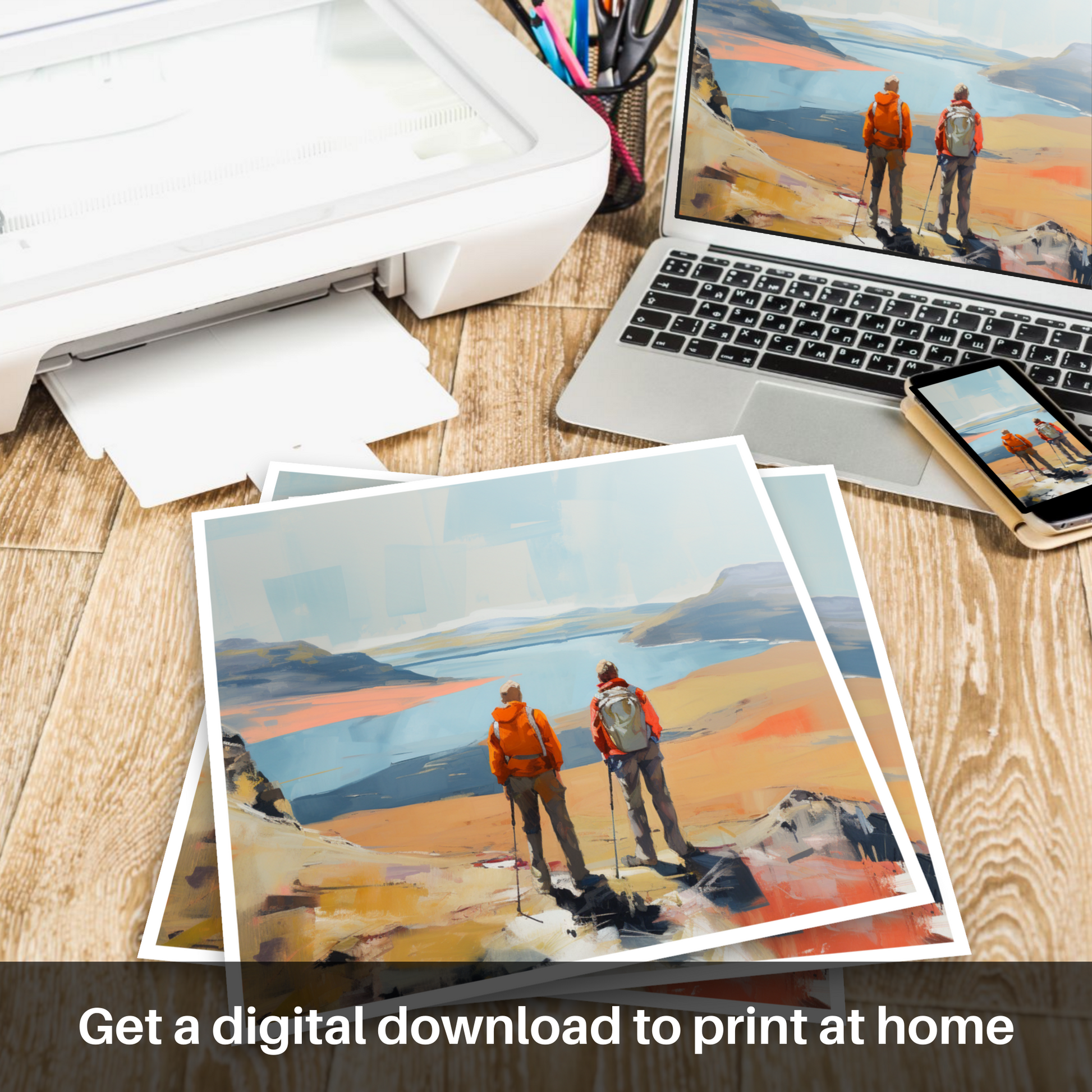 Downloadable and printable picture of Two hikers looking out on Loch Lomond