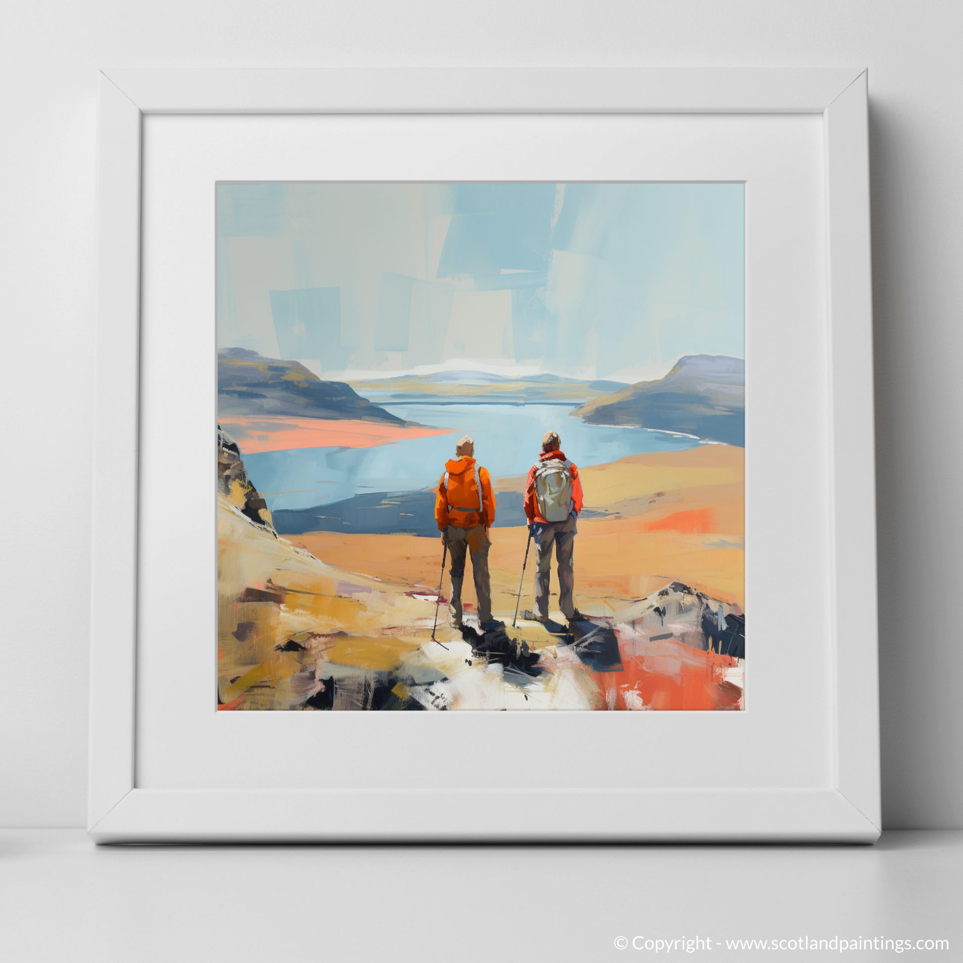 Art Print of Two hikers looking out on Loch Lomond with a white frame